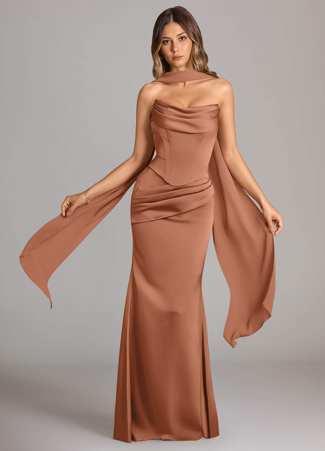 Azazie Sorrel Bridesmaid Dresses Bronzer Mermaid Strapless Stretch Satin Convertible Dress image1