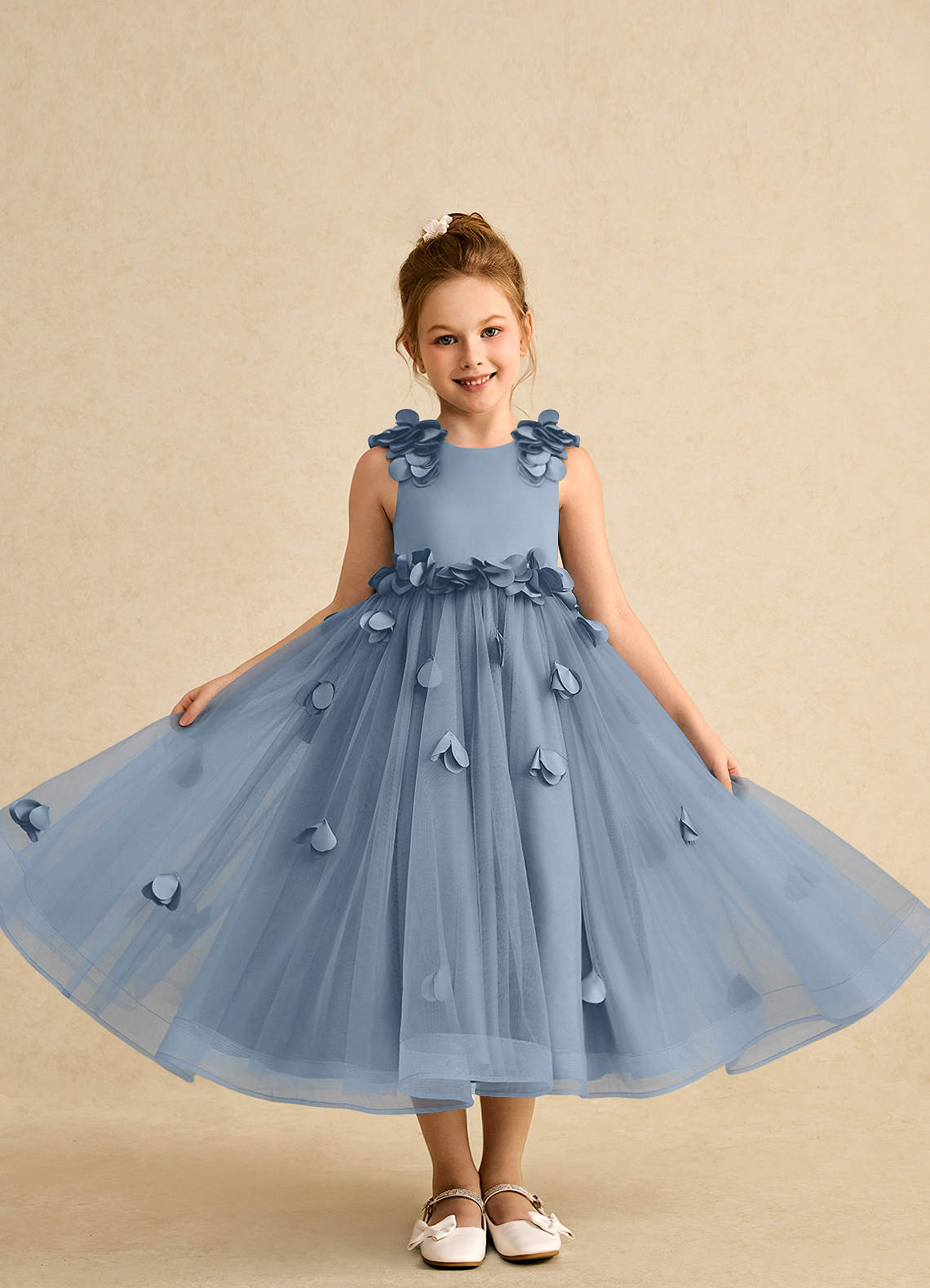 Azazie Atta Jurken voor bloemenmeisjes A-Lijn Jurk van Tule One-Shoulder Stoffig Blauw image3
