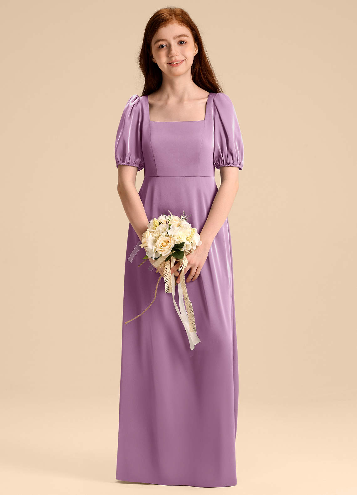 Azazie Briar Junior Abito A-Line in Raso Elasticizzato Fiocco Glicine image1