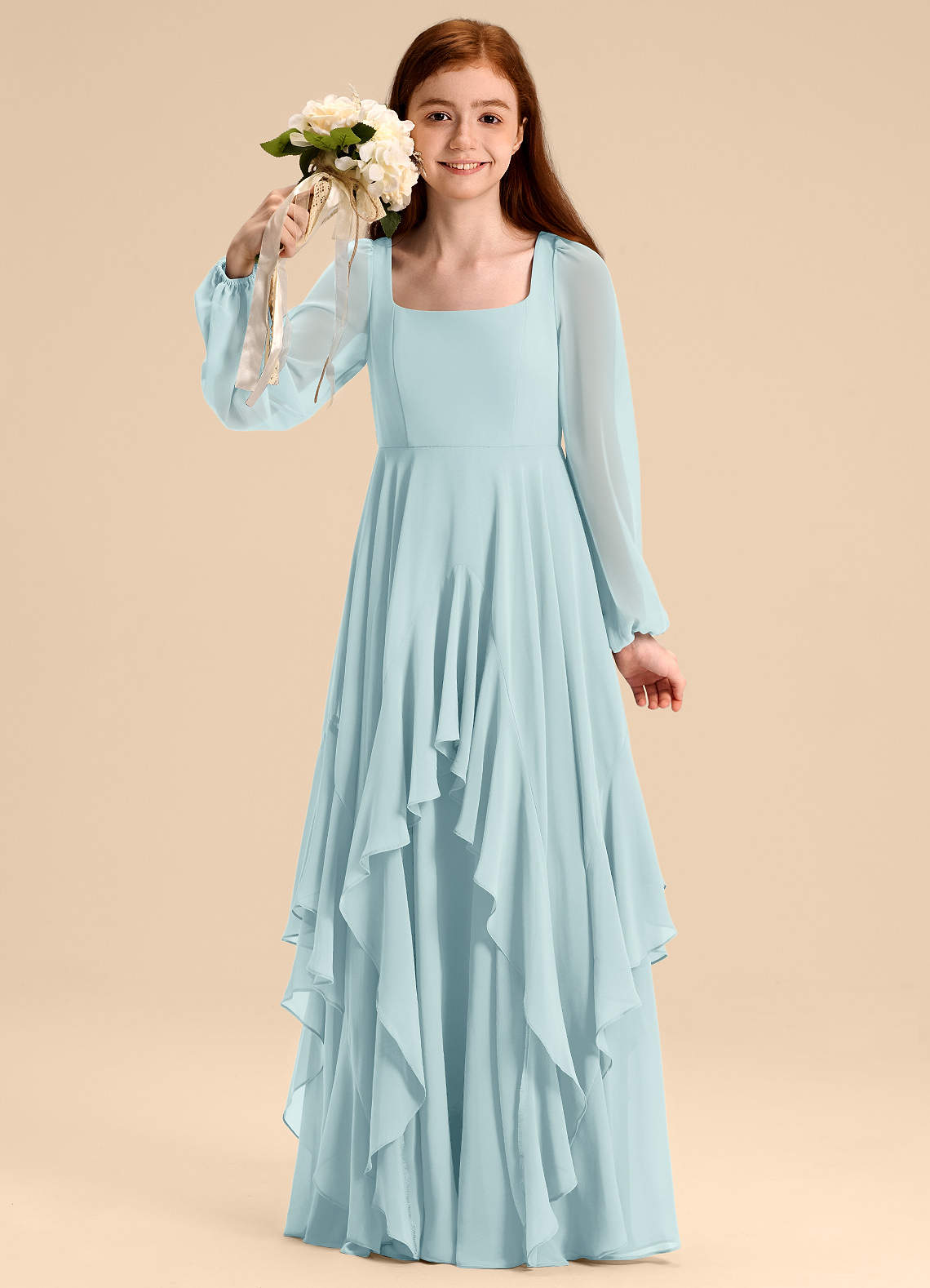 Azazie Clara Junior Abito A-Line in Chiffon Blusa Sea Glass image1