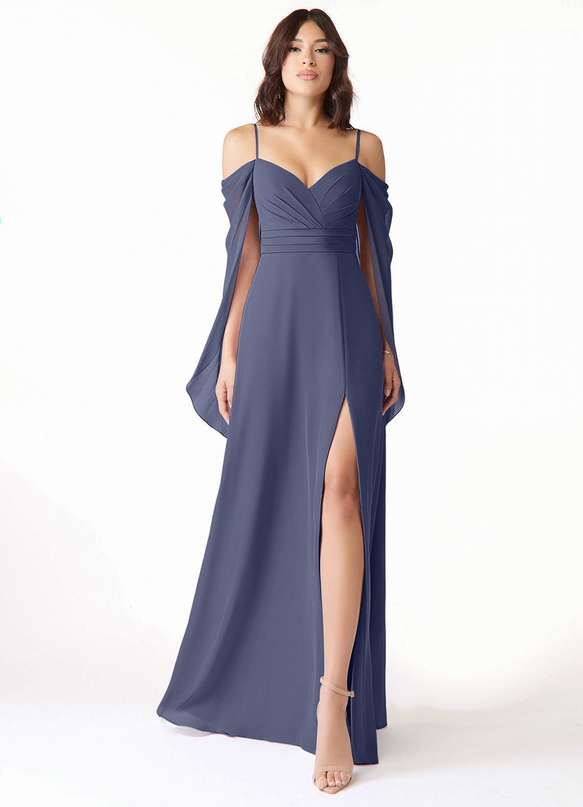 Azazie Cienna Brautjungfernkleider A-Linie Schulterfrei Chiffon Kleid Sturm image1