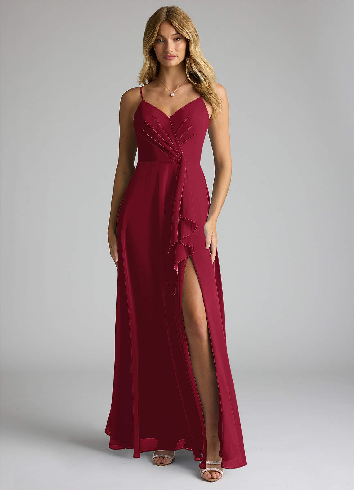 Offers Azazie burgundy bridesmaid chiffon dress with side slit, size A10