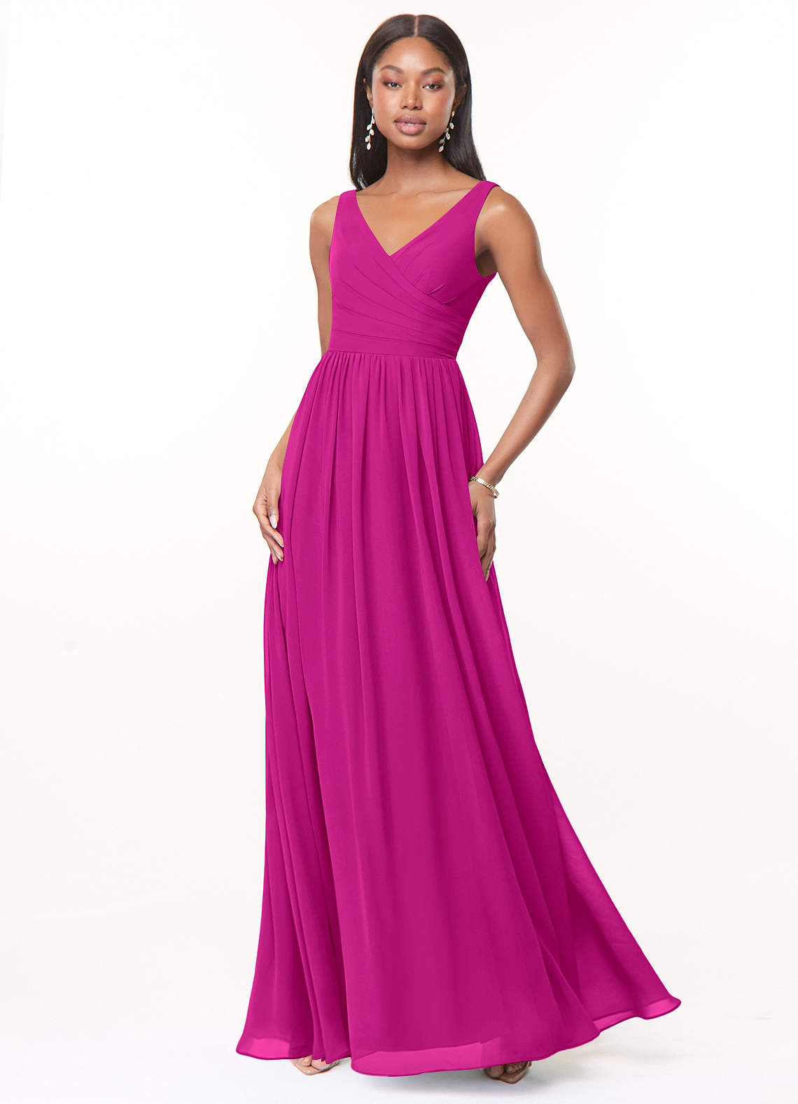 Azazie Keyla Jurken voor bruidsmeisjes Jurk van Chiffon met A-Lijn V-hals geplooid Fuchsia image1