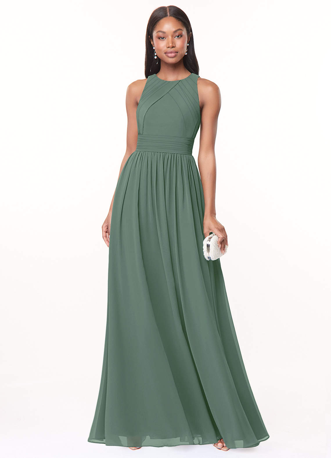 Azazie Harper Bridesmaid Dresses Eucalyptus A-Line Pleated Chiffon Dress image1
