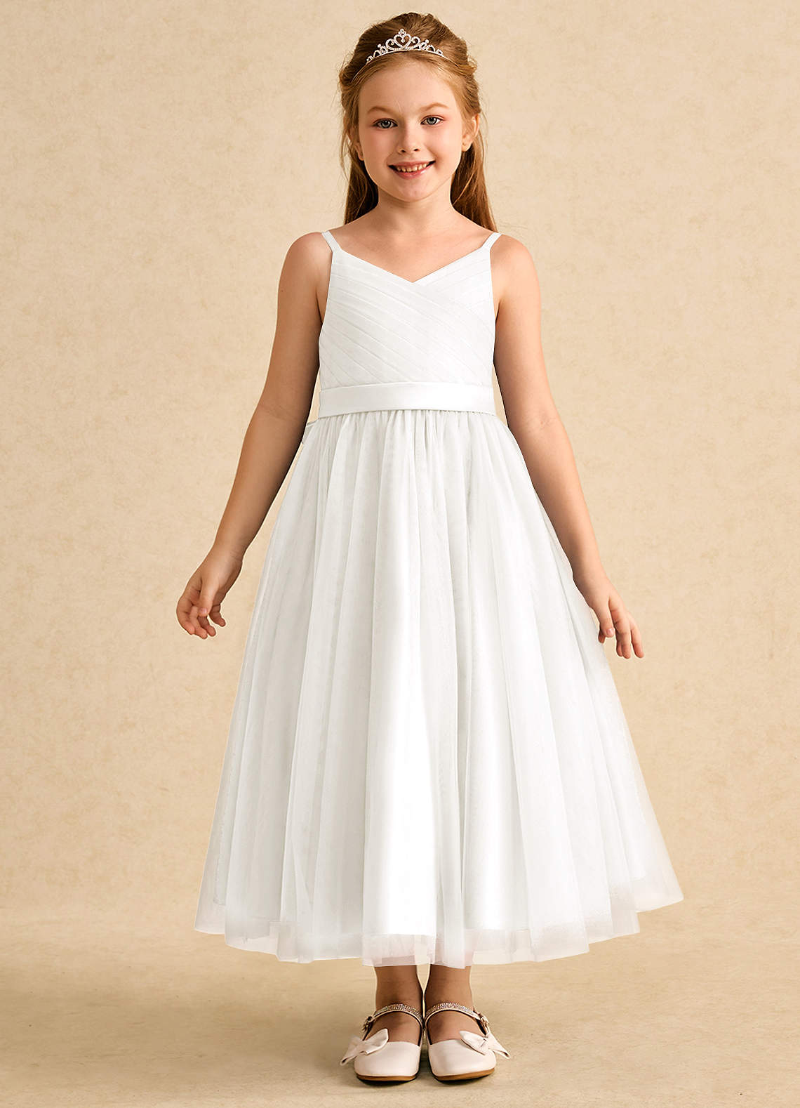 Azazie Patootie Flower Girl Dresses Ivory A-Line Spaghetti Strap Tulle Dress image1