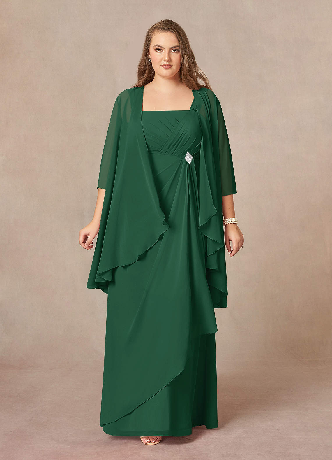 Azazie Weisz Mother of the Bride Dresses Dark Green A-Line Square Neckline Pleated Chiffon Dress image1