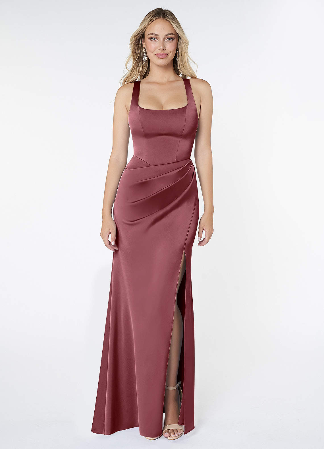 Azazie Mero Bridesmaid Dresses Desert Rose Sheath Pleated Stretch Satin Dress image1