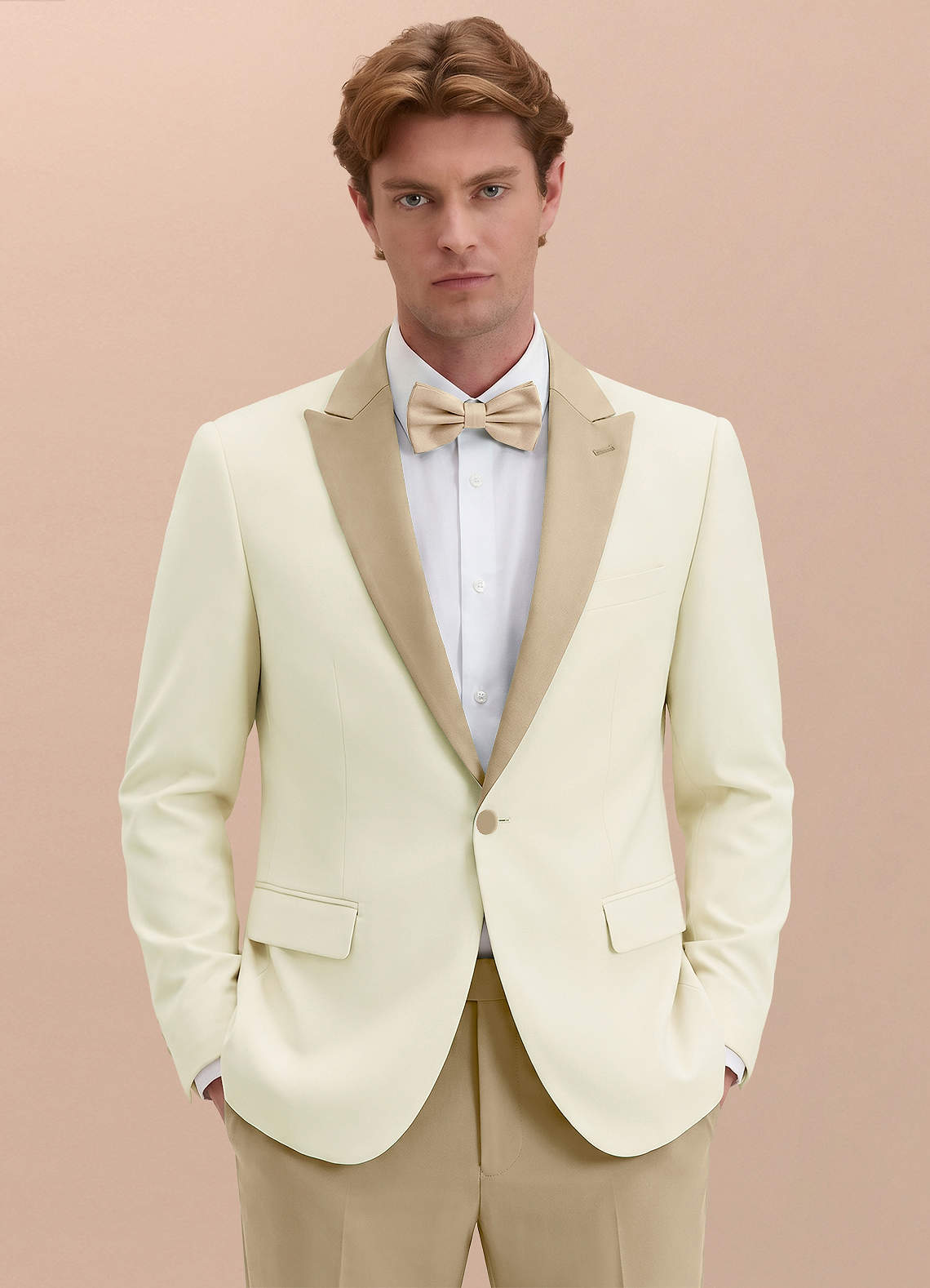 front Adrian Champagne Shawl Lapel Structured Stretch Tuxedo Suit