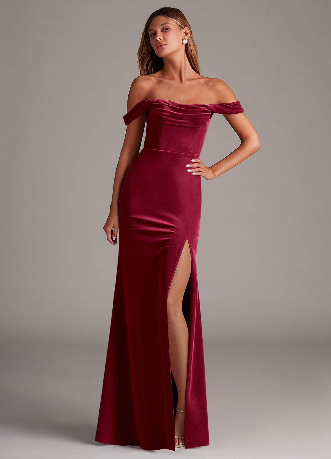 Azazie Saige Bridesmaid Dresses Burgundy Sheath Off the Shoulder Velvet Convertible Dress image1