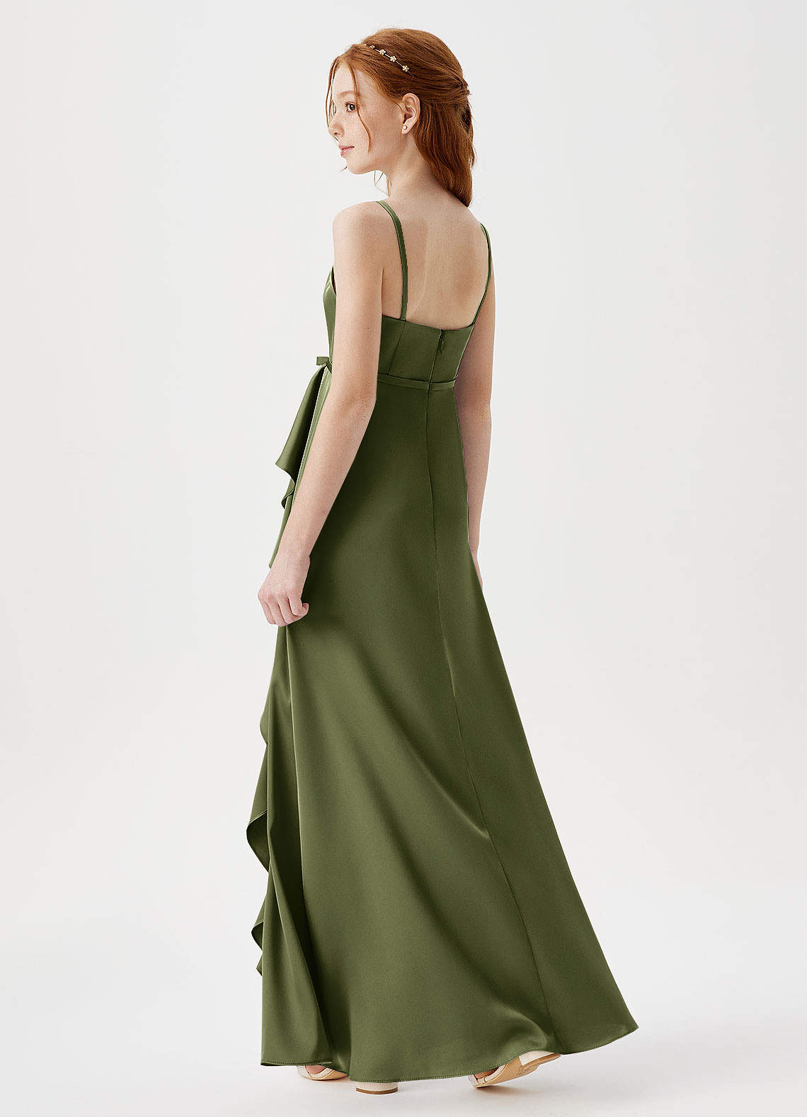 Azazie Kaylee Junior Olive A-Line with Belt Stretch Satin Dress image4