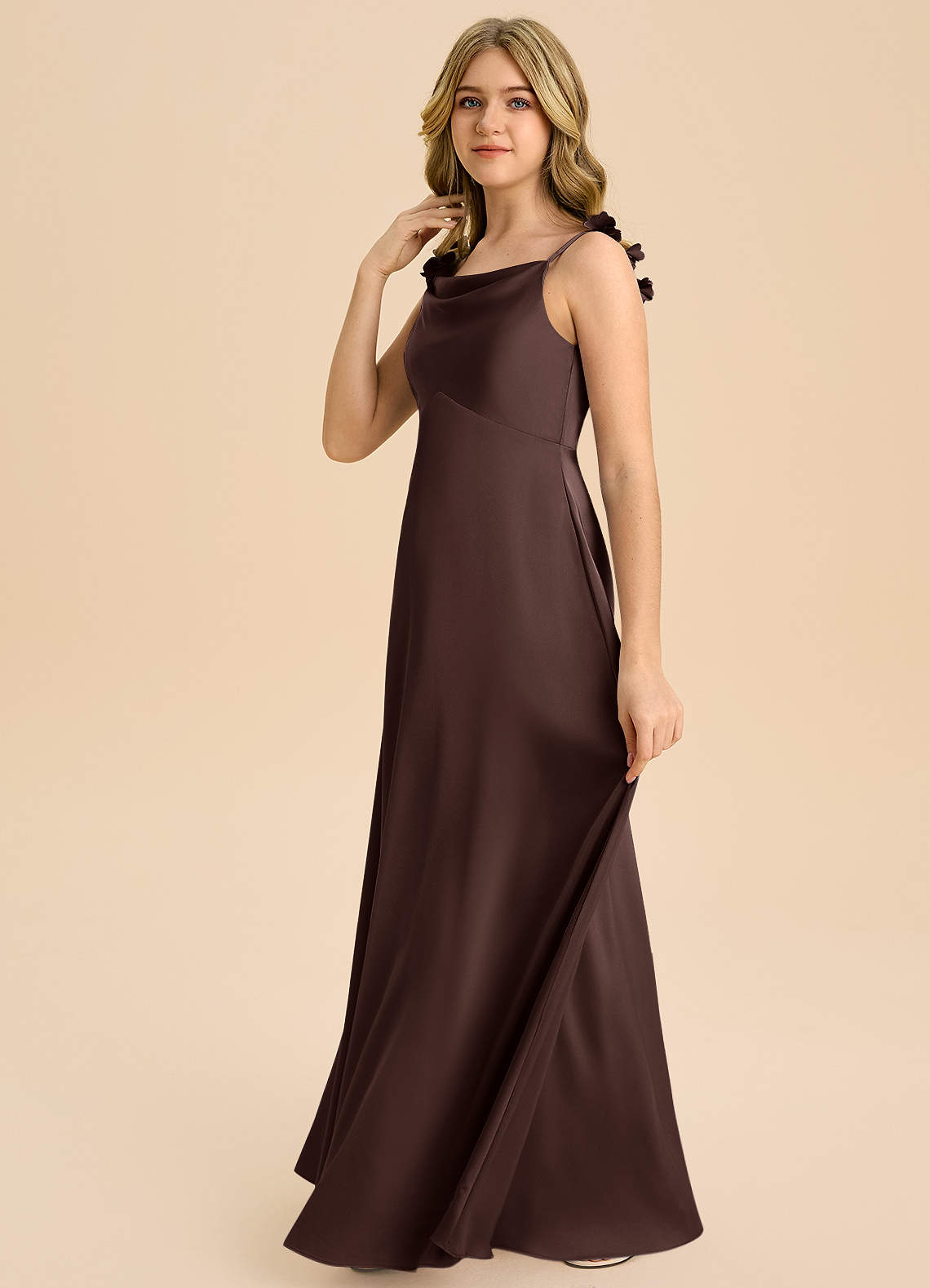 Azazie Gumdrop Junior Ganache Empire Pleated Stretch Satin Dress image4