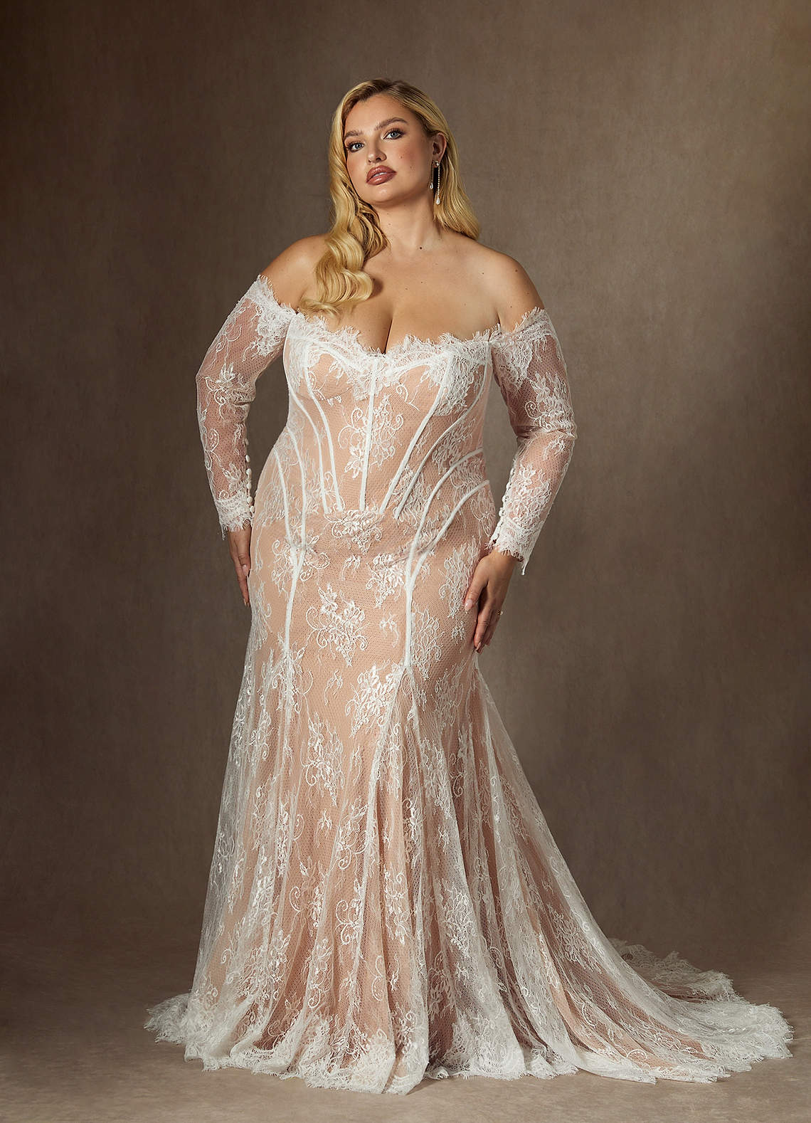 Azazie Katherine Wedding Dresses Diamond White Nude Mermaid Off the Shoulder Tulle Dress image9
