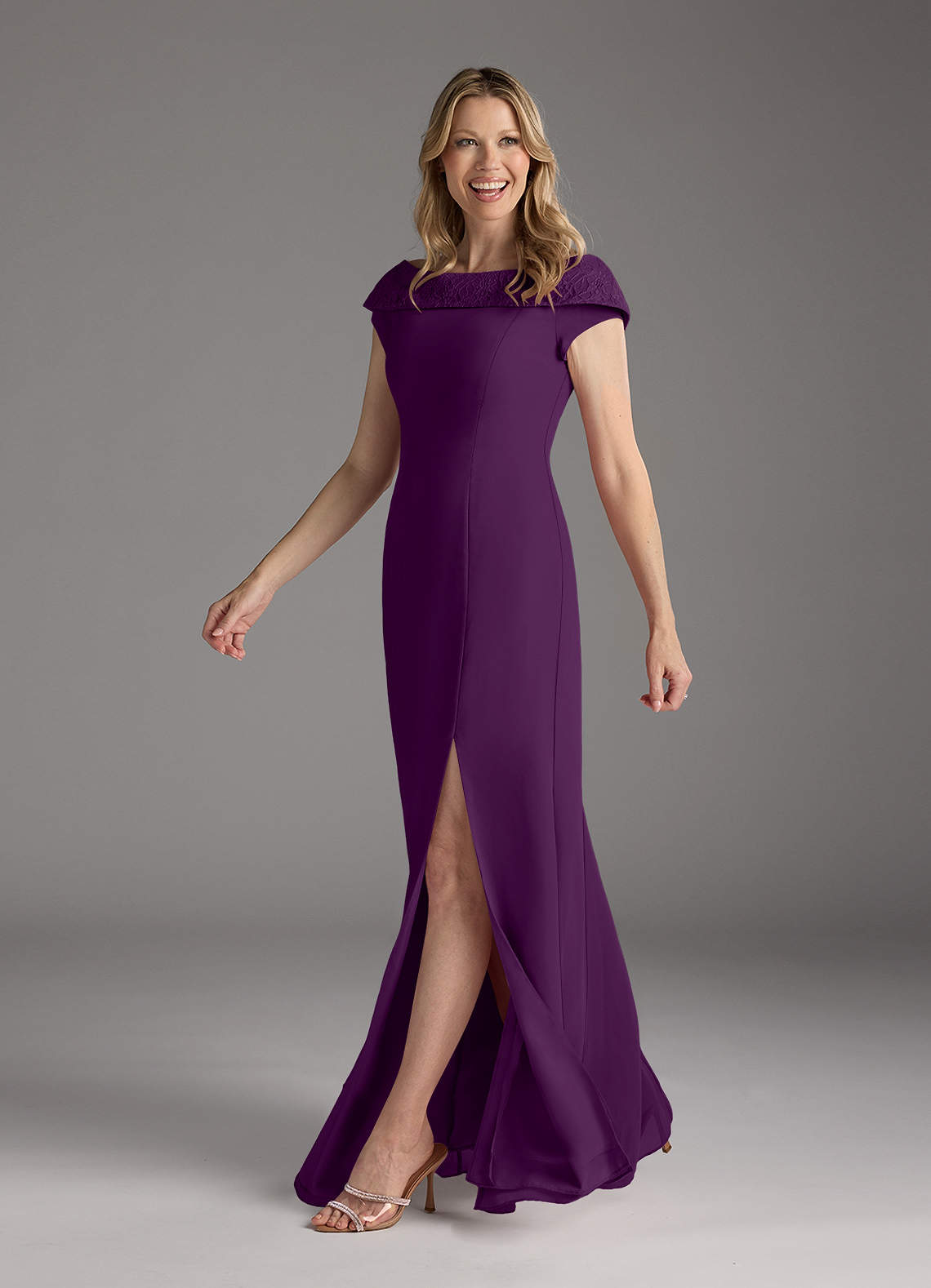 Azazie Cupid Grape A-Line Boatneck Lace Chiffon Dress Ready to Ship