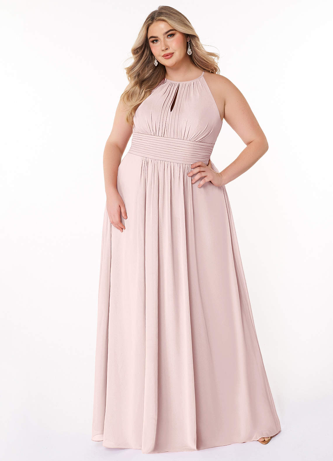 Azazie Bonnie Brautjungfernkleider A-Linie Schlüsselloch Gerüscht Chiffon Kleid Zartrosa image1