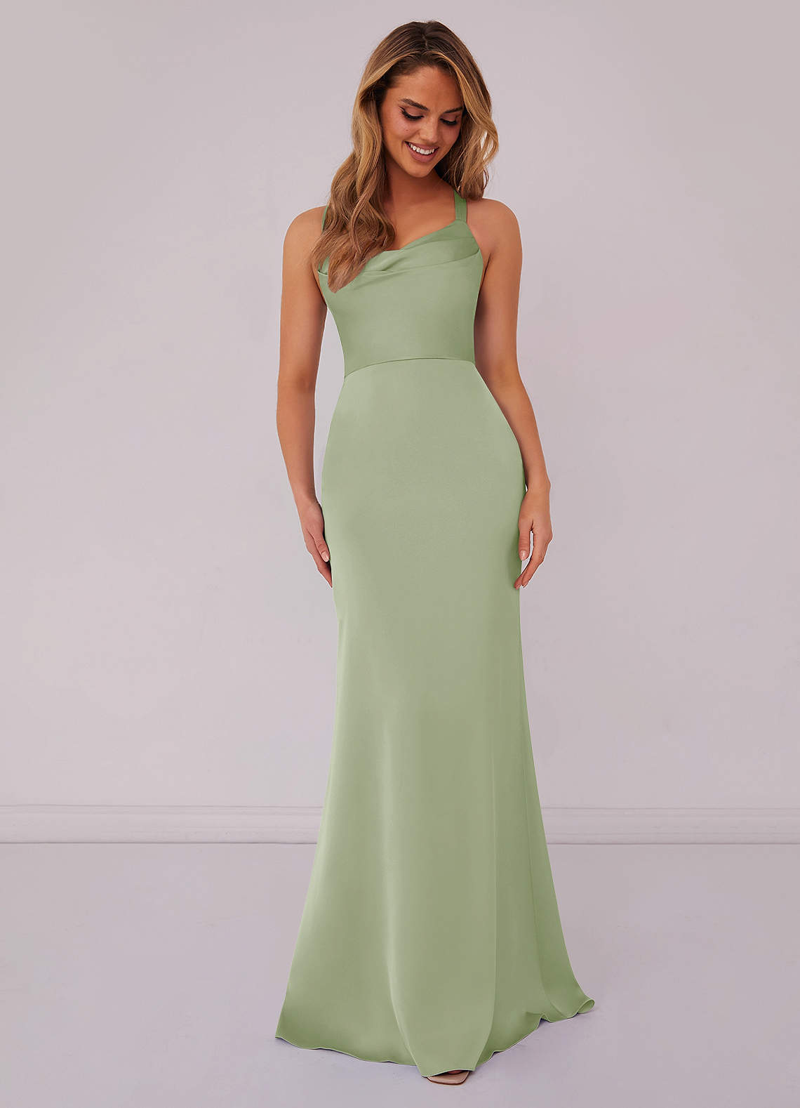 Barbie ♥ Azazie Bridesmaid Dresses Dusty Sage Mermaid Pleated Stretch Satin Dress image1