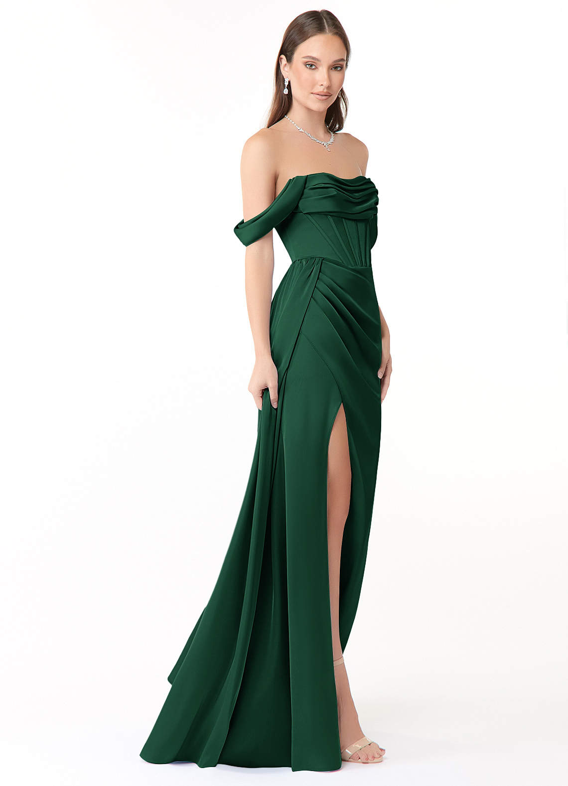 Azazie Amyra Bridesmaid Dresses Dark Green Mermaid Off the Shoulder Stretch Satin Convertible Dress image4