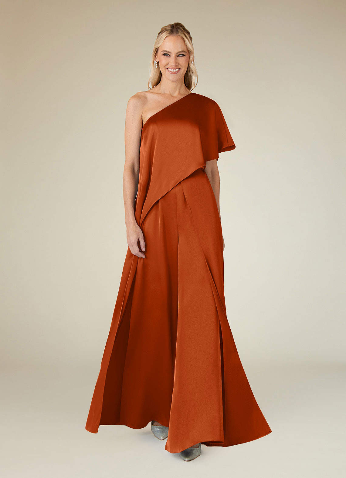 Azazie Hagretta Vestidos para mãe da noiva Vestido Laranja Queimada de Cetim elástico de Macacão/terninho image1