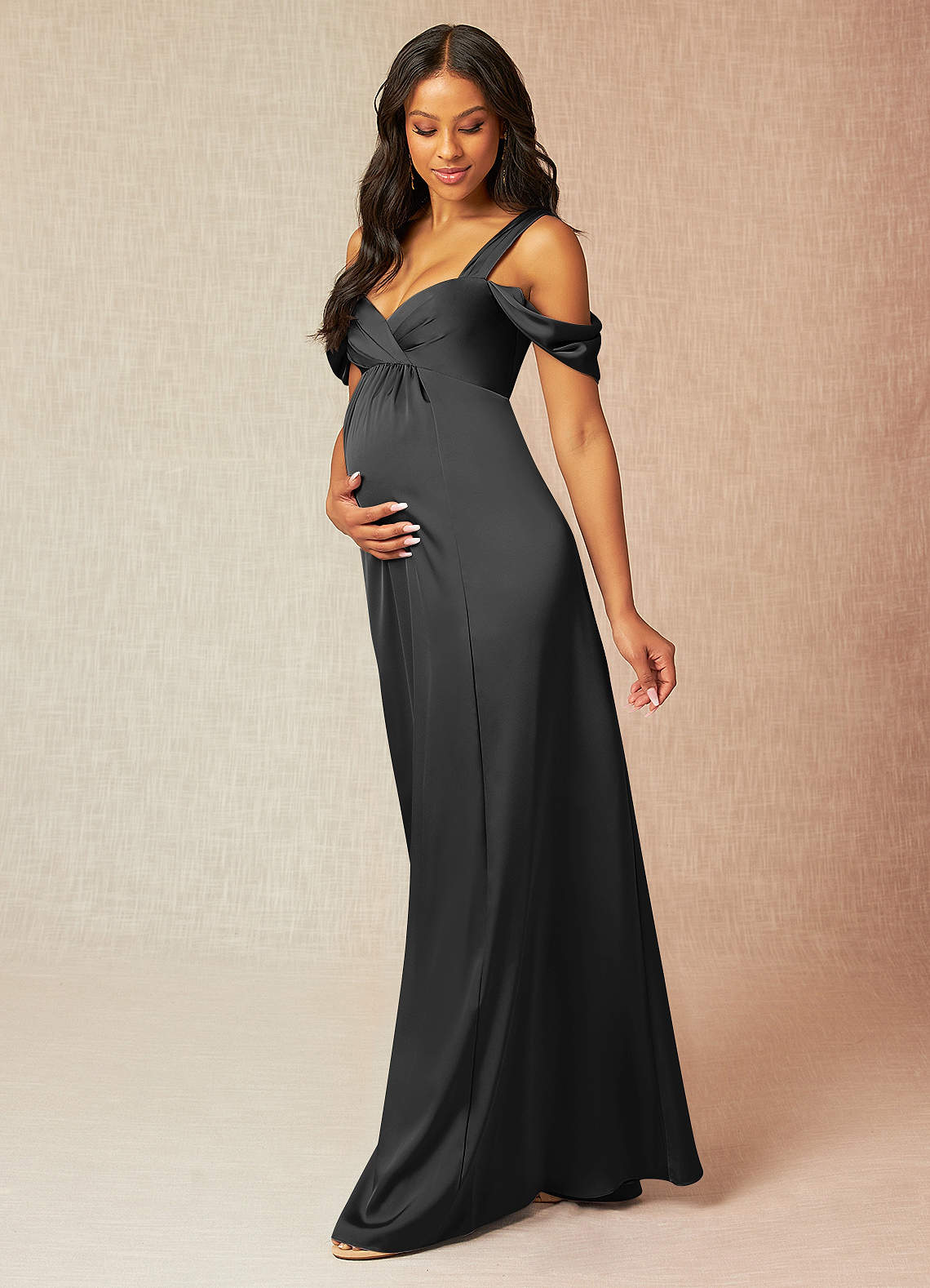 Azazie Rhea Maternity Bridesmaid Dresses A-Line Off-The-Shouler Pleated Stretch Satin Floor-Length Dress image2