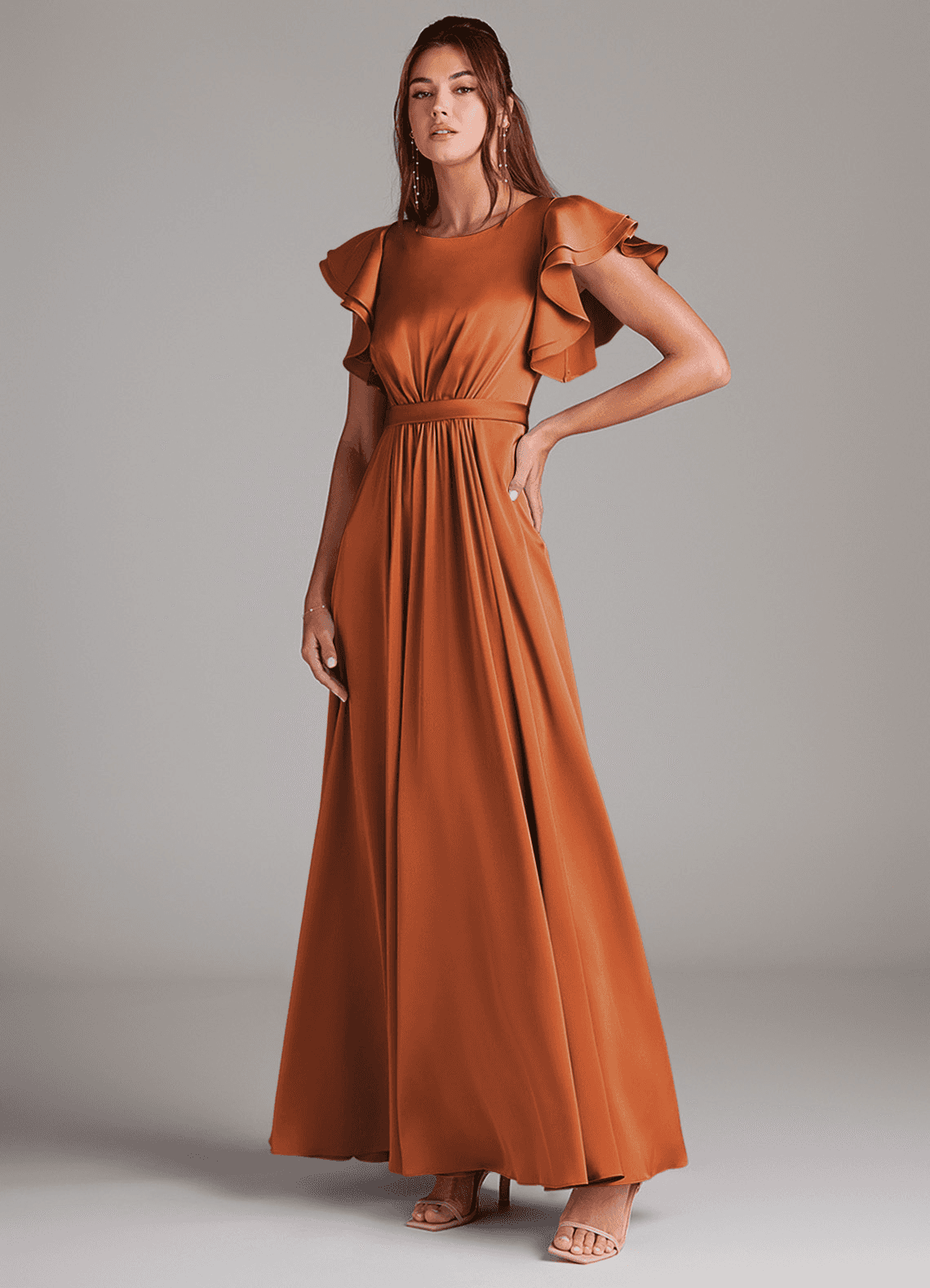 Azazie Daphne At-home Try On Dresses A-Line Ruched Stretch Satin Floor-Length Dress image1
