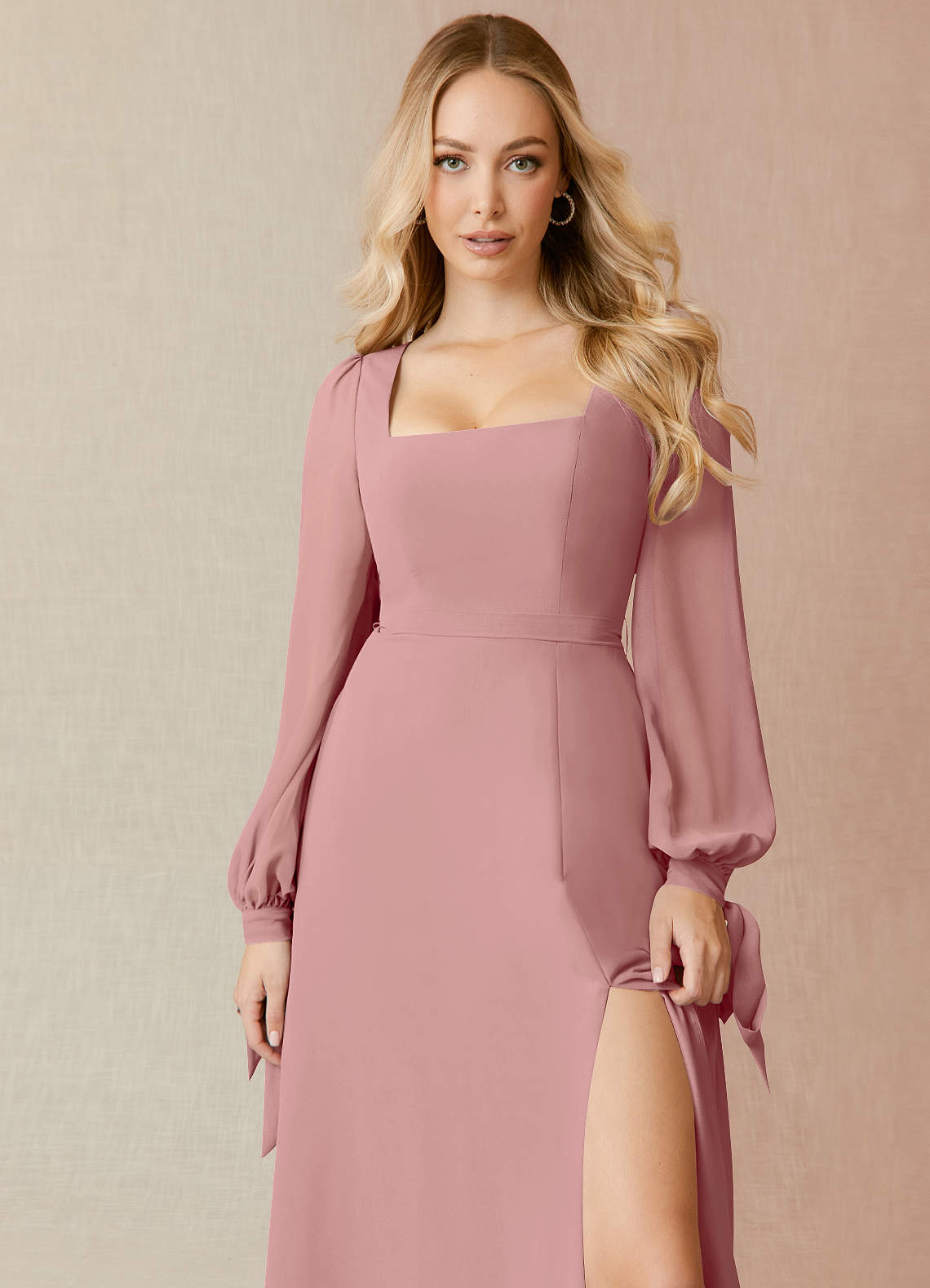 Azazie A-Line Square Neck Long Sleeve Floor-Length Chiffon Bridesmaid Dresses - Dusty Rose Azazie A-Line Square Neck Long Sleeve Floor-Length Chiffon Bridesmaid Dresses - Dusty Rose