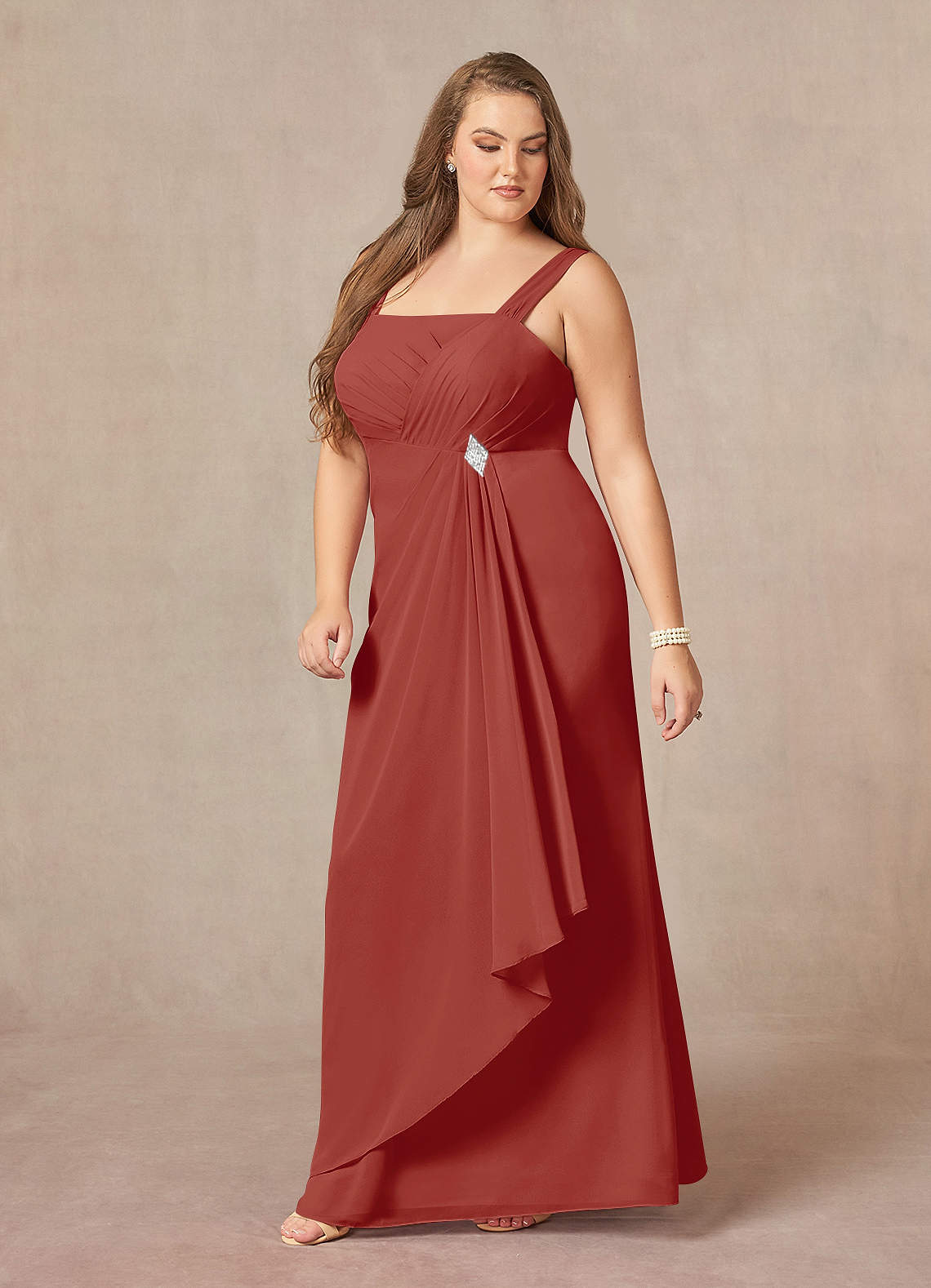 A-Line Chiffon Dress with Illusion Neckline Terracotta Plus Size