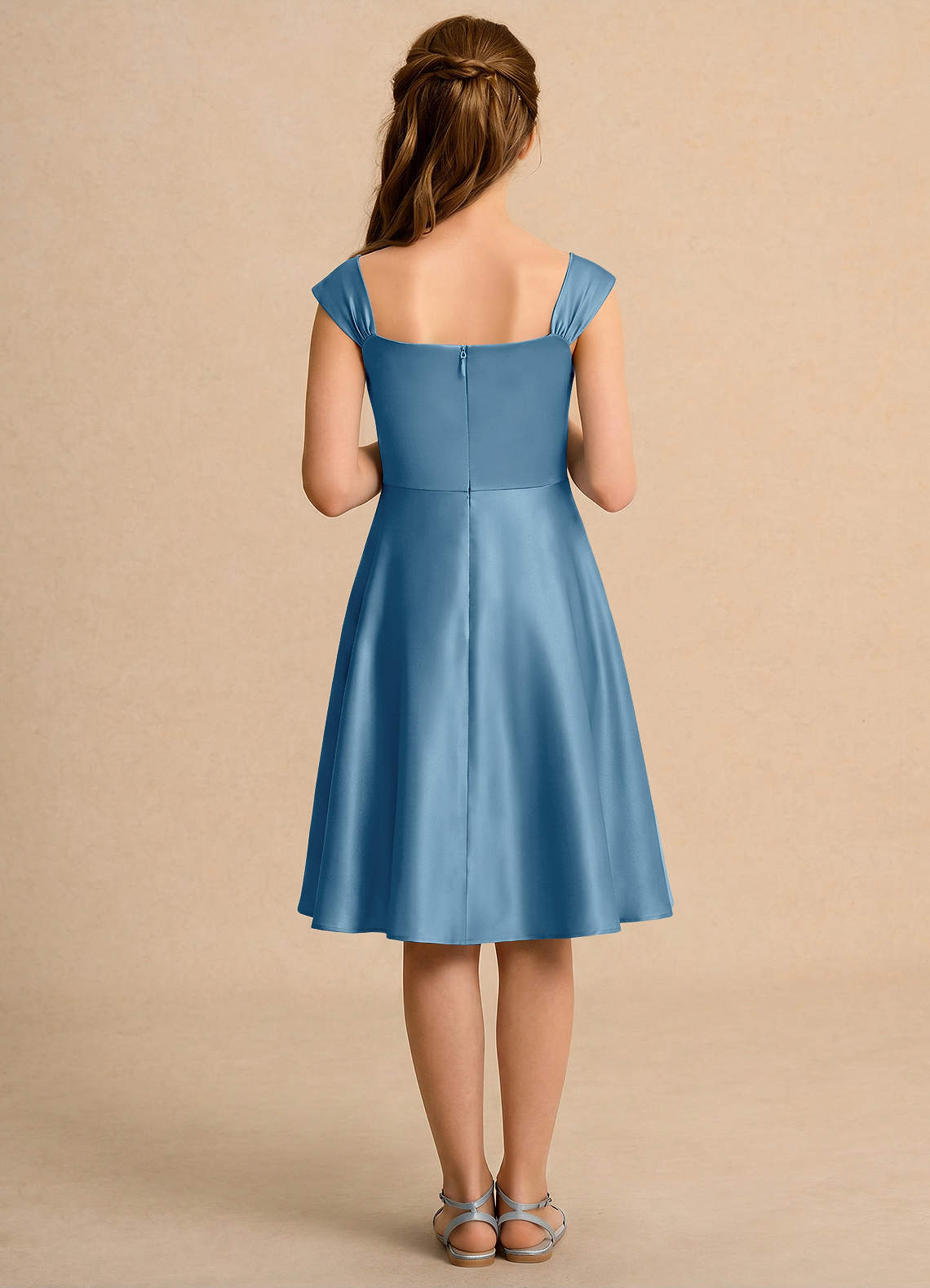 steel blue knee length dress Azazie A-Line/Princess Square Neck Knee-Length Matte Satin Girl Formal Dresses Split Side