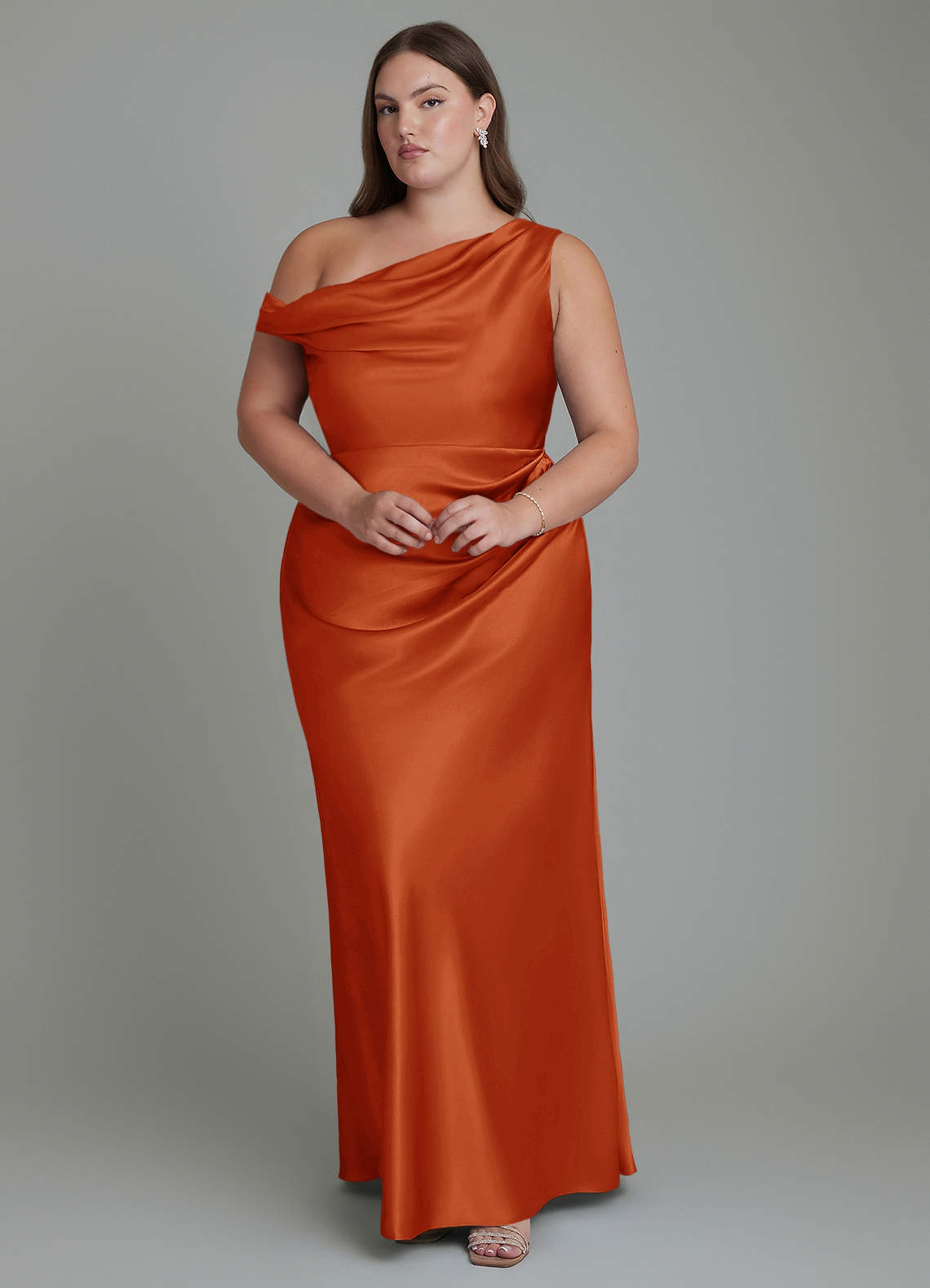 Azazie Emerson Bridesmaid Dresses Paprika Mermaid Off the Shoulder Metallic Satin Dress image1
