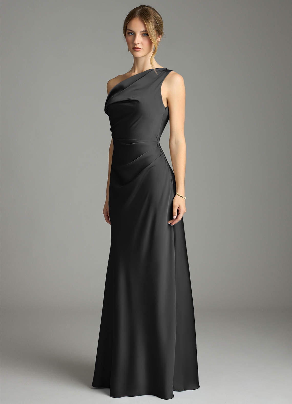 Azazie Emerson Bridesmaid Dresses Black Mermaid Off the Shoulder Stretch Satin Dress image1