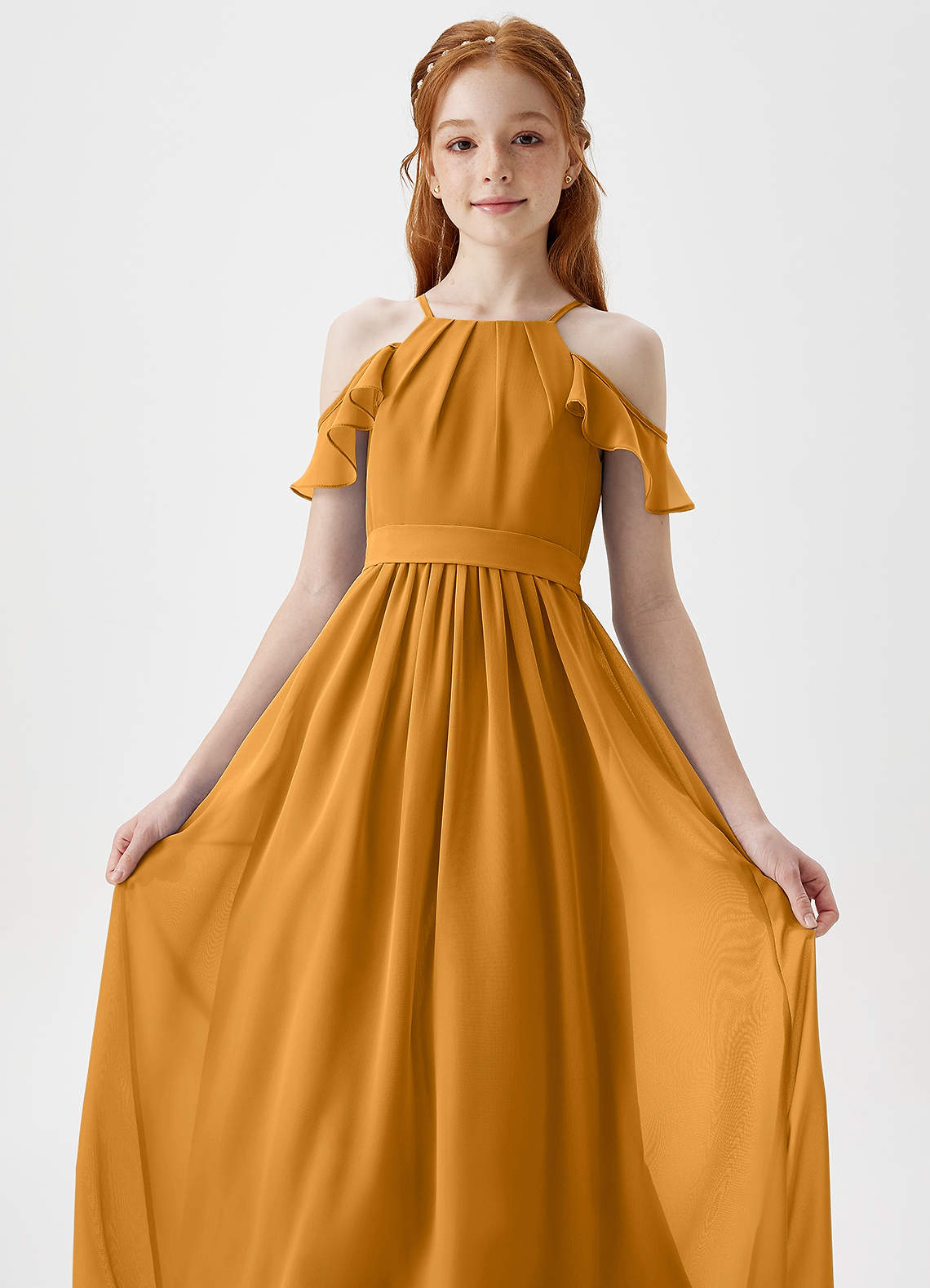 Azazie Chaya Junior Butterscotch A-Line Off the Shoulder Chiffon Dress image1