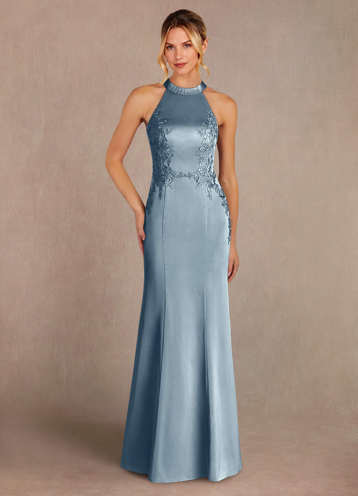 Azazie Tyra Mother of the Bride Dresses Dusty Blue Mermaid Lace Stretch Satin Dress image1