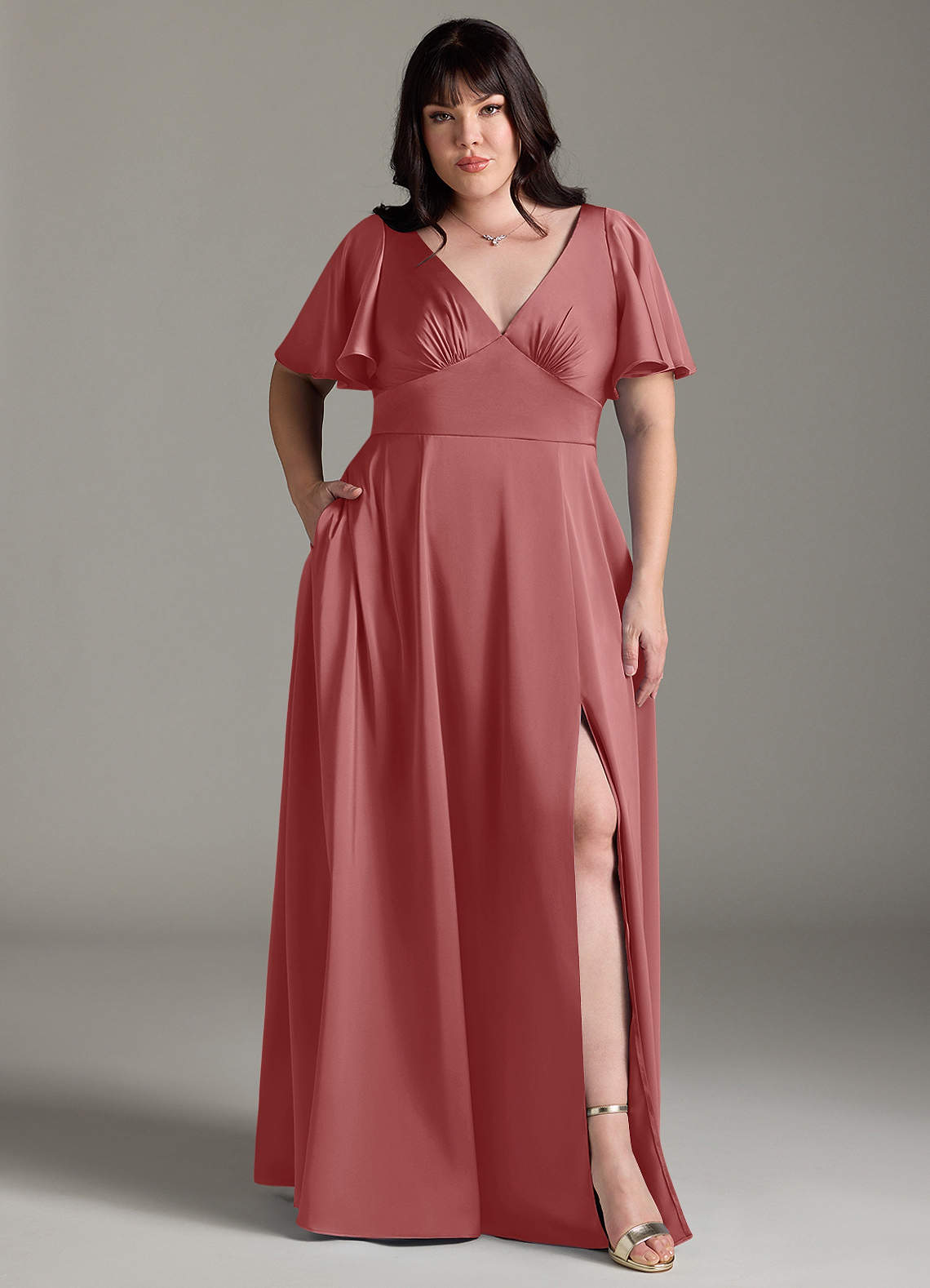 Azazie Kimber Bridesmaid Dresses Antique Rose A-Line Ruched Stretch Satin Dress image1
