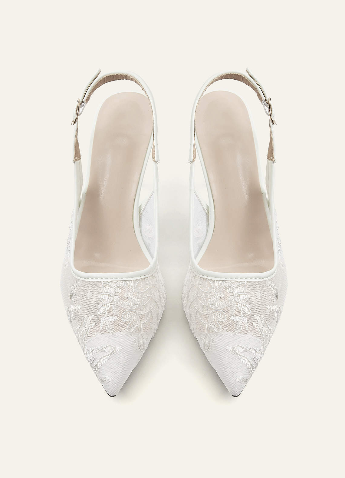 front Embroidered Tulle Pointed Toe Slingback Heels