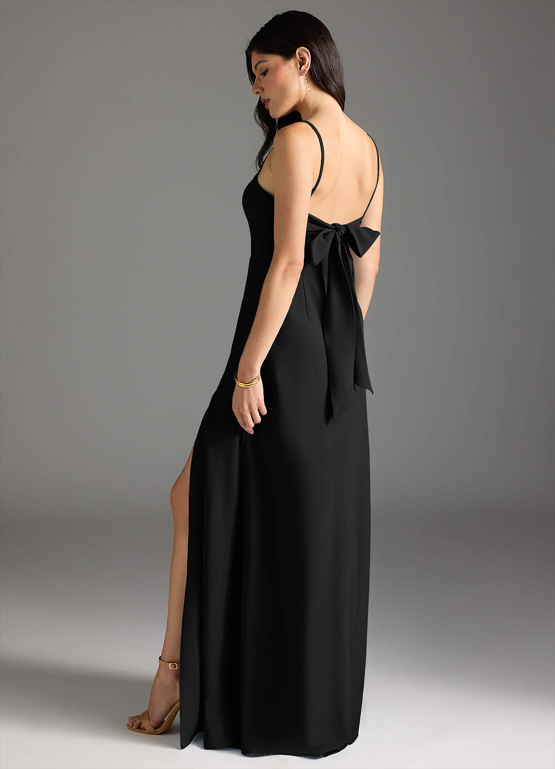 Azazie Melia Bridesmaid Dresses Black A-Line Bow Stretch Crepe Dress image1