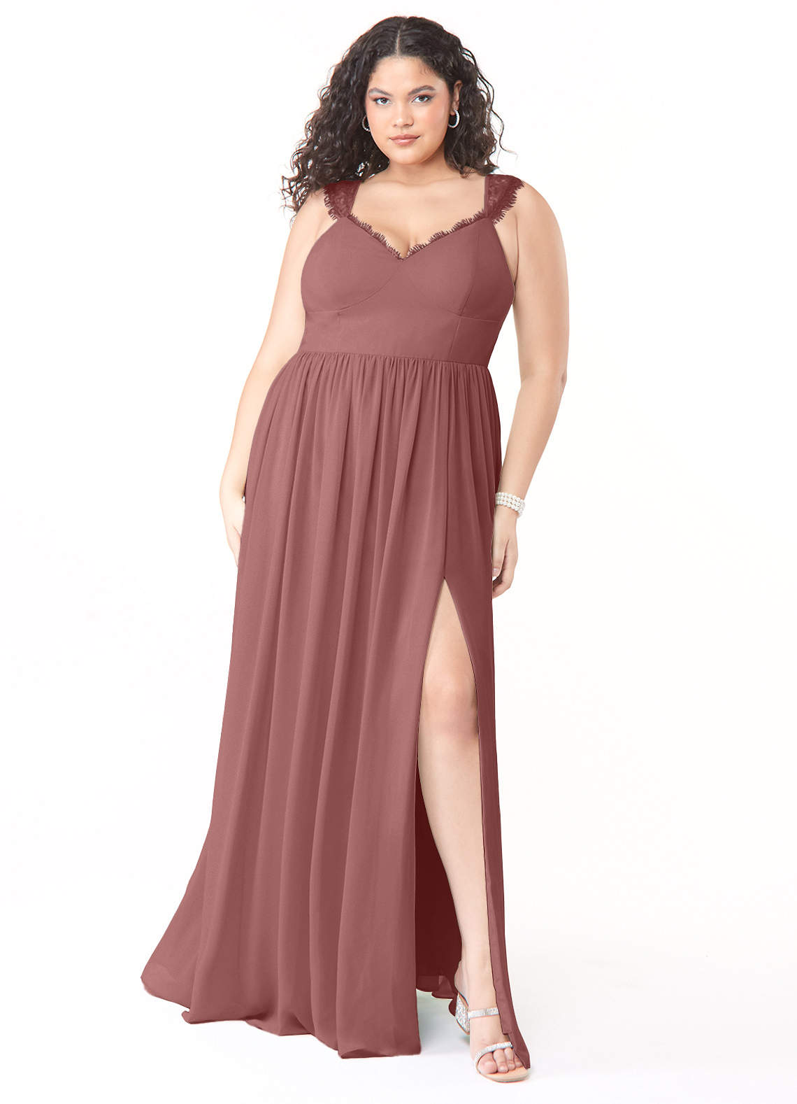 Azazie Cleobella Bridesmaid Dresses Desert Rose A-Line Sweetheart Lace Chiffon Dress image1