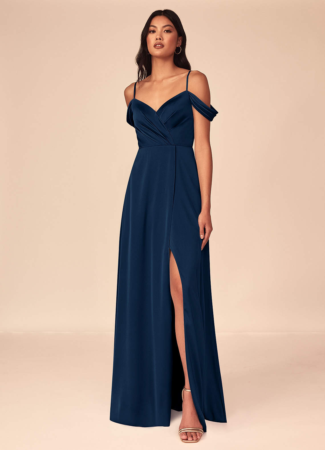 Azazie Ocean Bridesmaid Dresses Dark Navy A-Line V-Neck Pleated Stretch Satin Dress image1