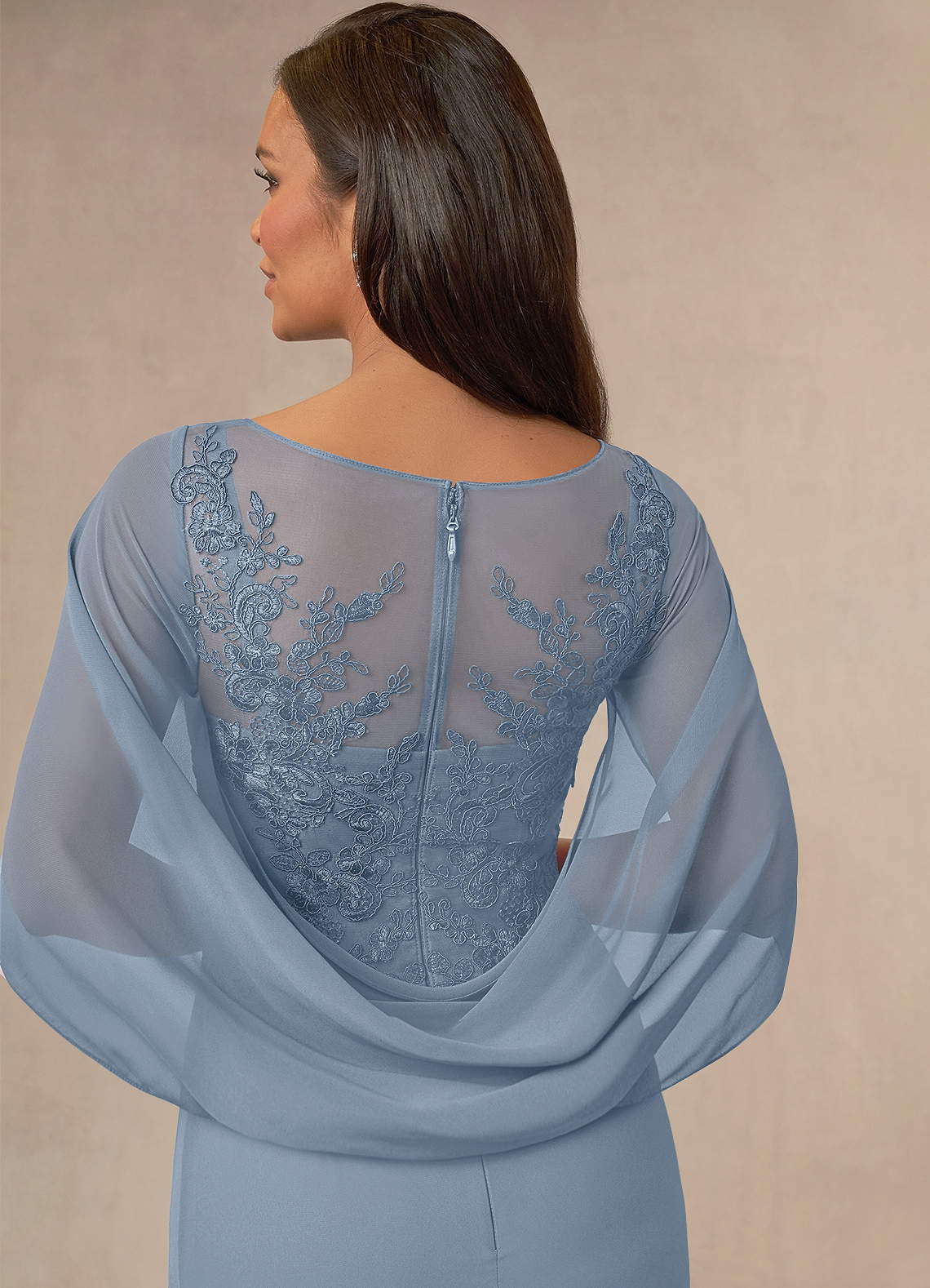 Azazie Hera Mother of the Bride Dresses Dusty Blue A-Line Lace Capelet Chiffon Dress image3