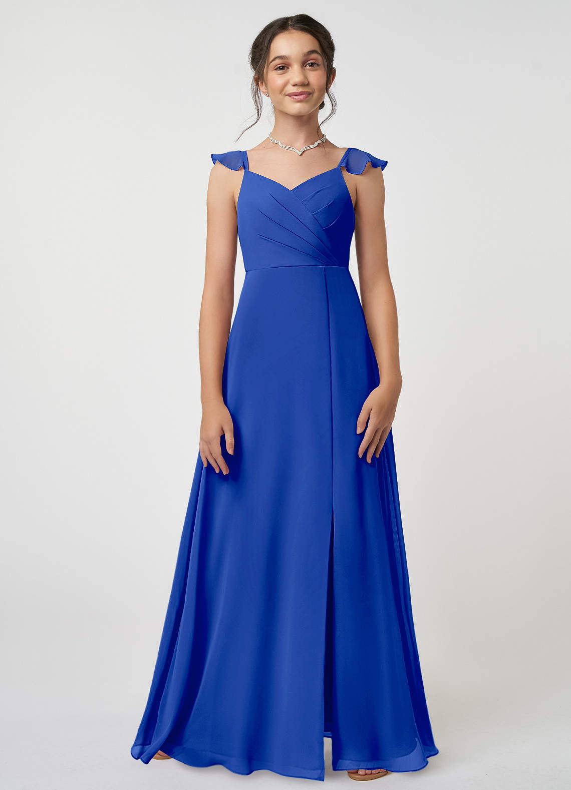 Azazie Amada Junior Royal Blue A-Line Ruched Chiffon Dress image1