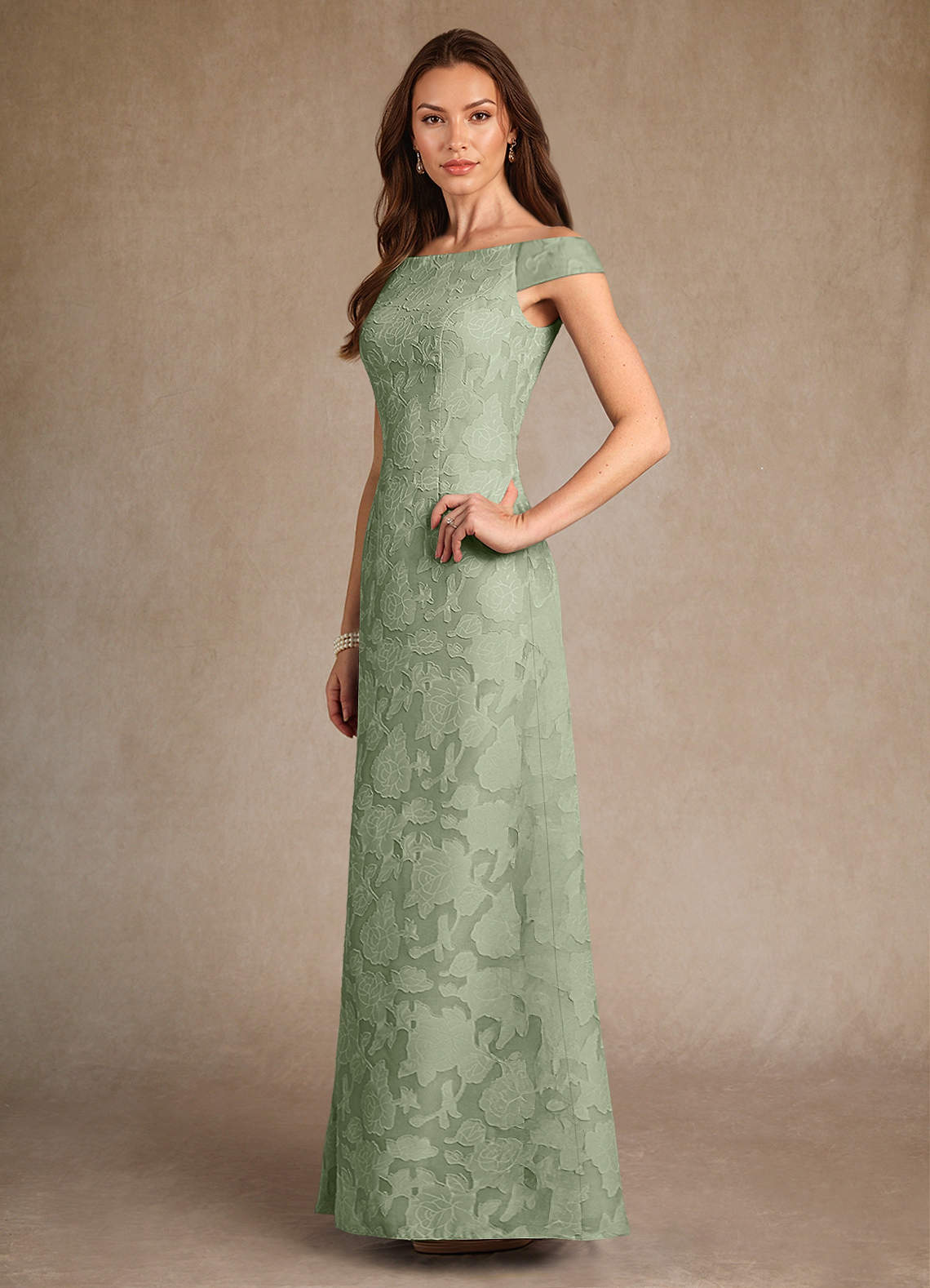 Azazie Moore Mother of the Bride Dresses Dusty Sage A-Line Boatneck Floral Burnout Dress image3