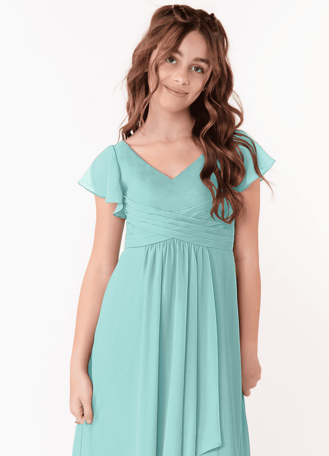 Azazie Omari Junior Aqua A-Line Ruched Chiffon Dress image3