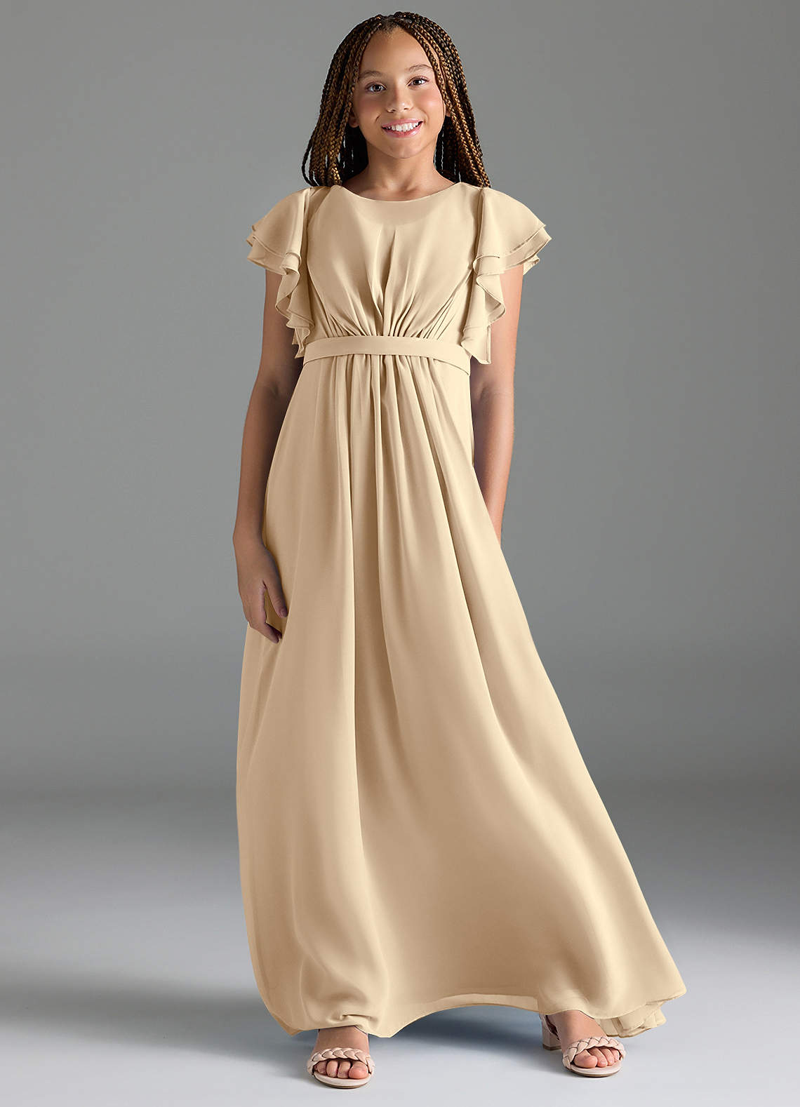 Azazie Daphne Junior Champagne A-Line Pleated Chiffon Dress image1