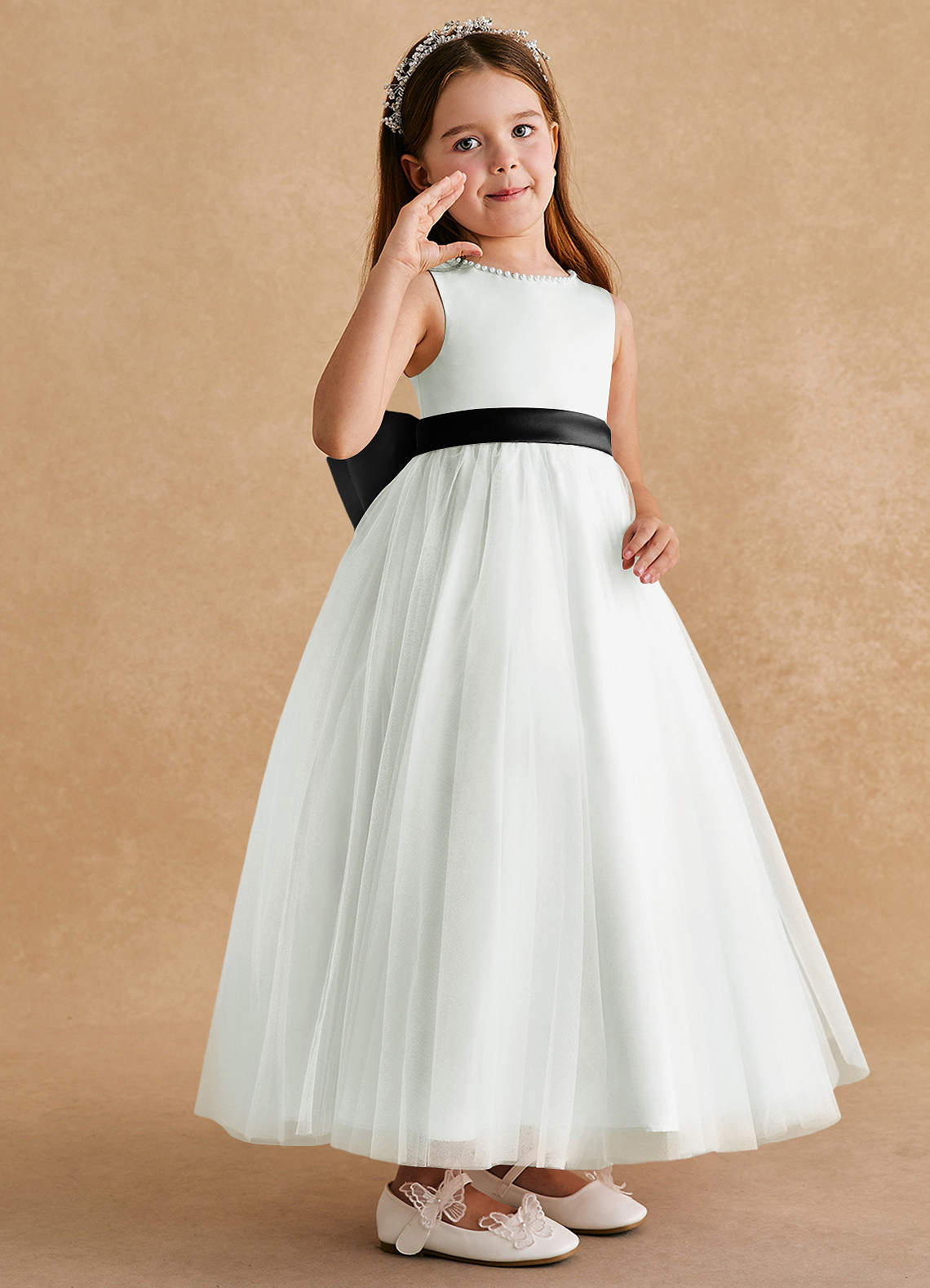 Azazie Cookie Flower Girl Dresses Ivory Black A-Line Bow Tulle Dress image1