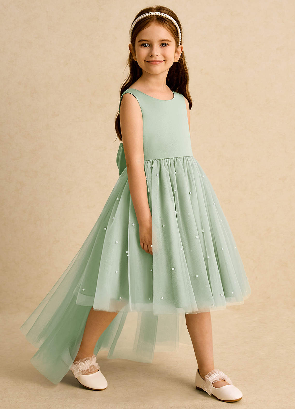 Azazie Bell vestidos de niña de las flores Vestido de Salvia Polvorienta de Tul de Princesa con Lazo image1