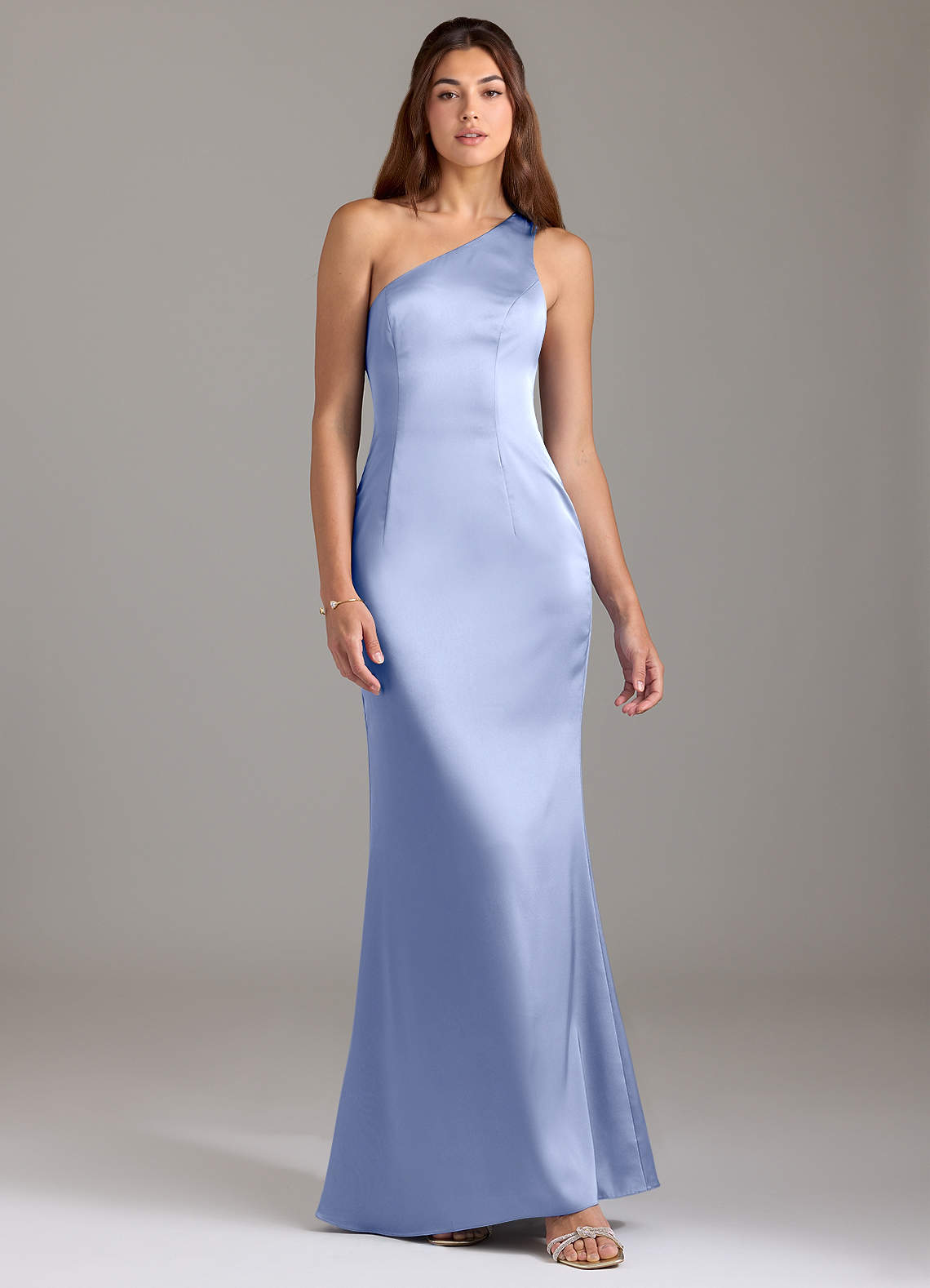 Azazie Arleth At-home Try On Dresses Ice A-Line One Shoulder Stretch Satin Dress image1