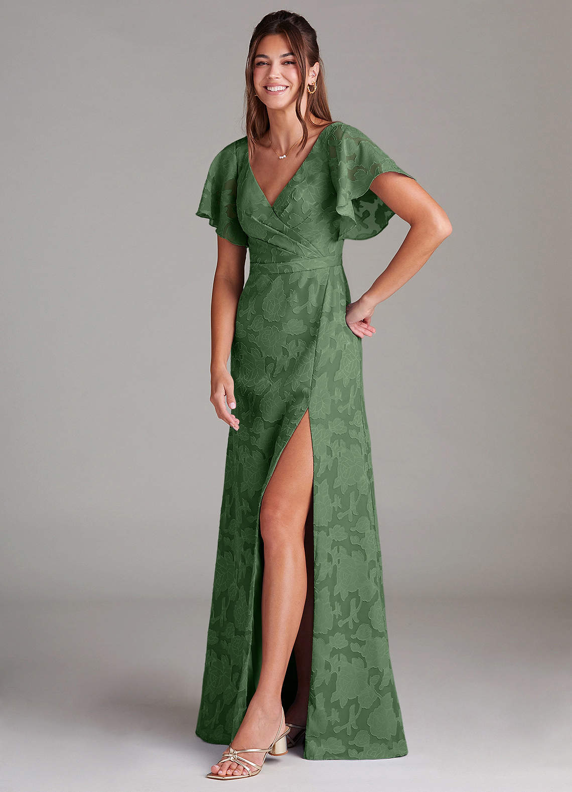 Azazie Ambrosia Bridesmaid Dresses Eucalyptus A-Line Pleated Floral Burnout Dress image3