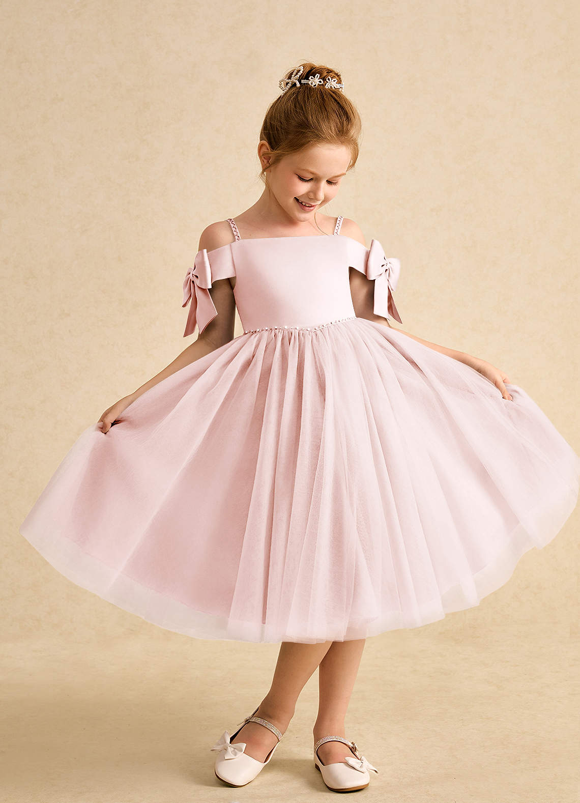 Azazie Amie Flower Girl Dresses Blushing Pink A-Line Off the Shoulder Matte Satin Dress image1