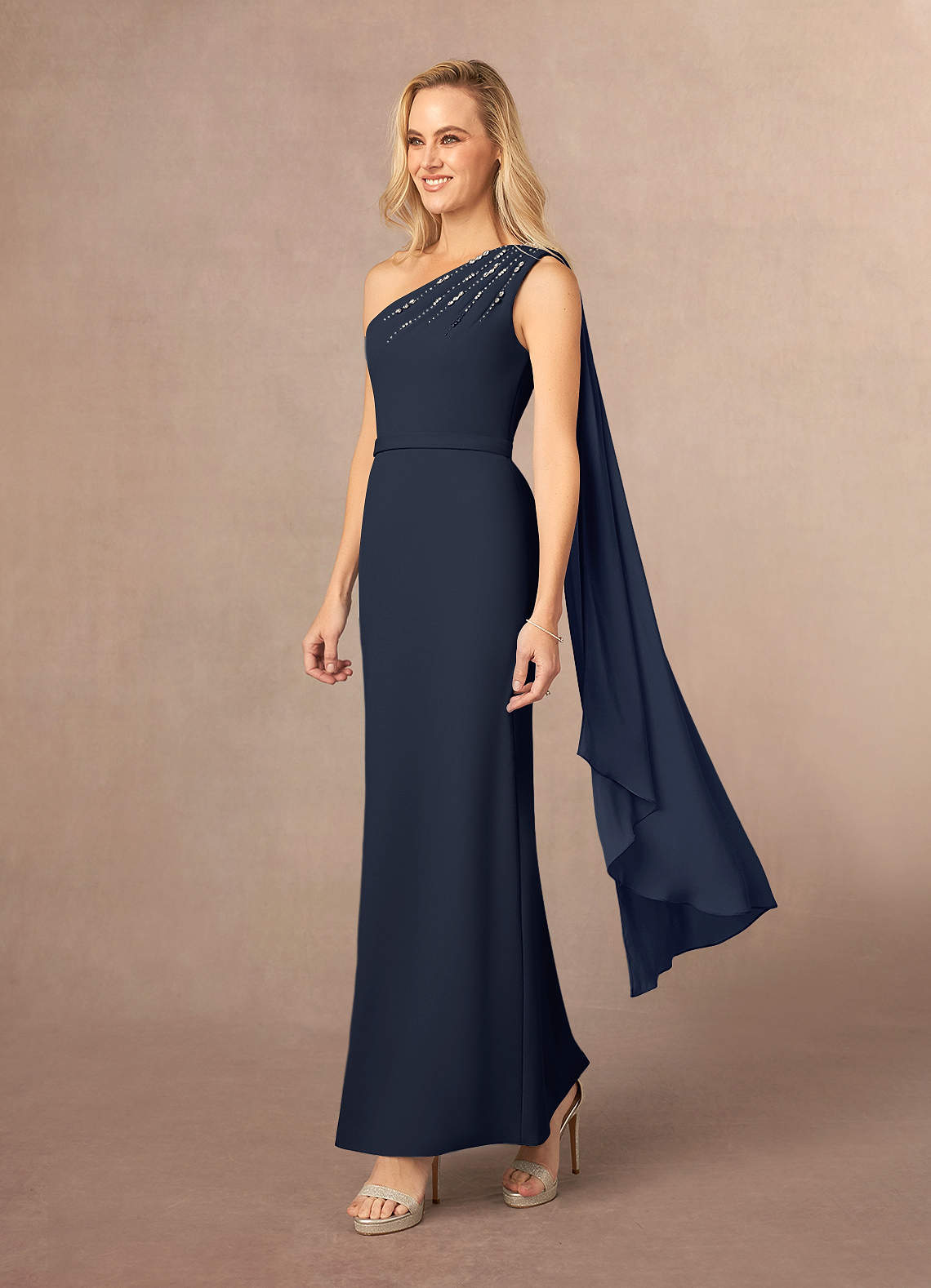 Azazie Gianna Dark Navy One Shoulder Stretch Crepe Dress