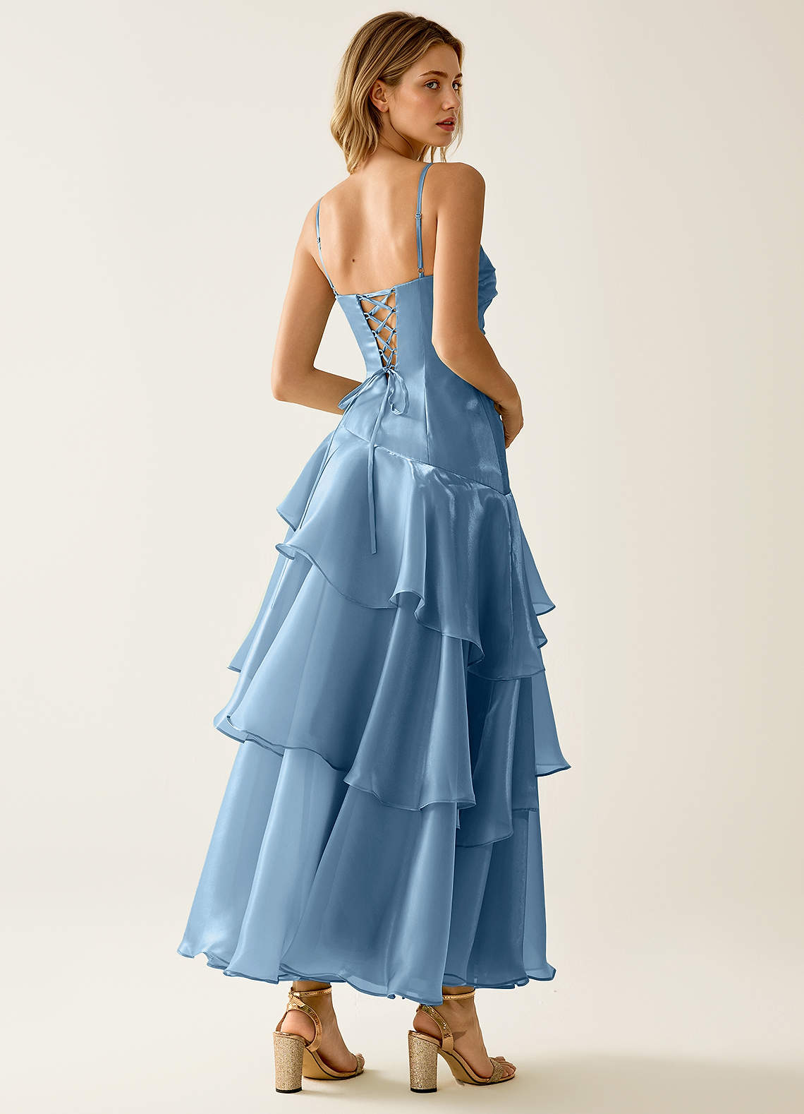 Nicola Mint Blue Satin Ruffled A-line Vacation Midi Dress | Azazie