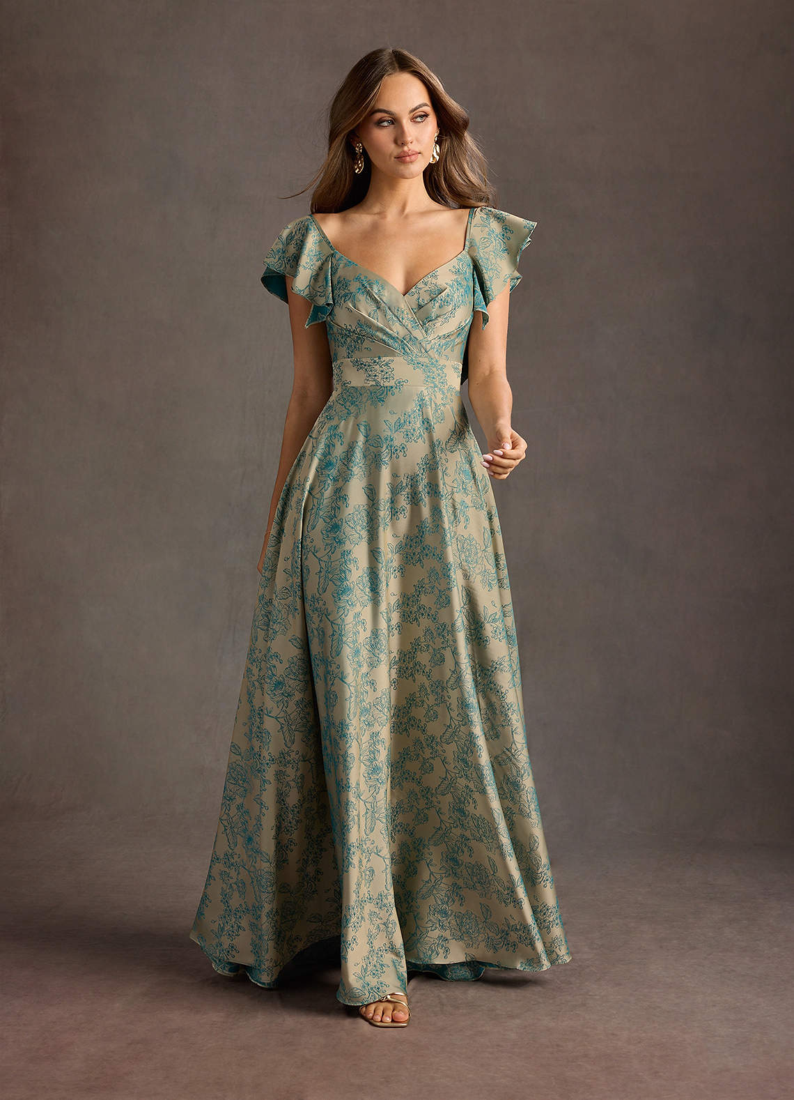 Azazie Floor-Length Maxi Dresses A-Line Wedding Guest Formal Dresses V Neck Ruffles Platinum Teal