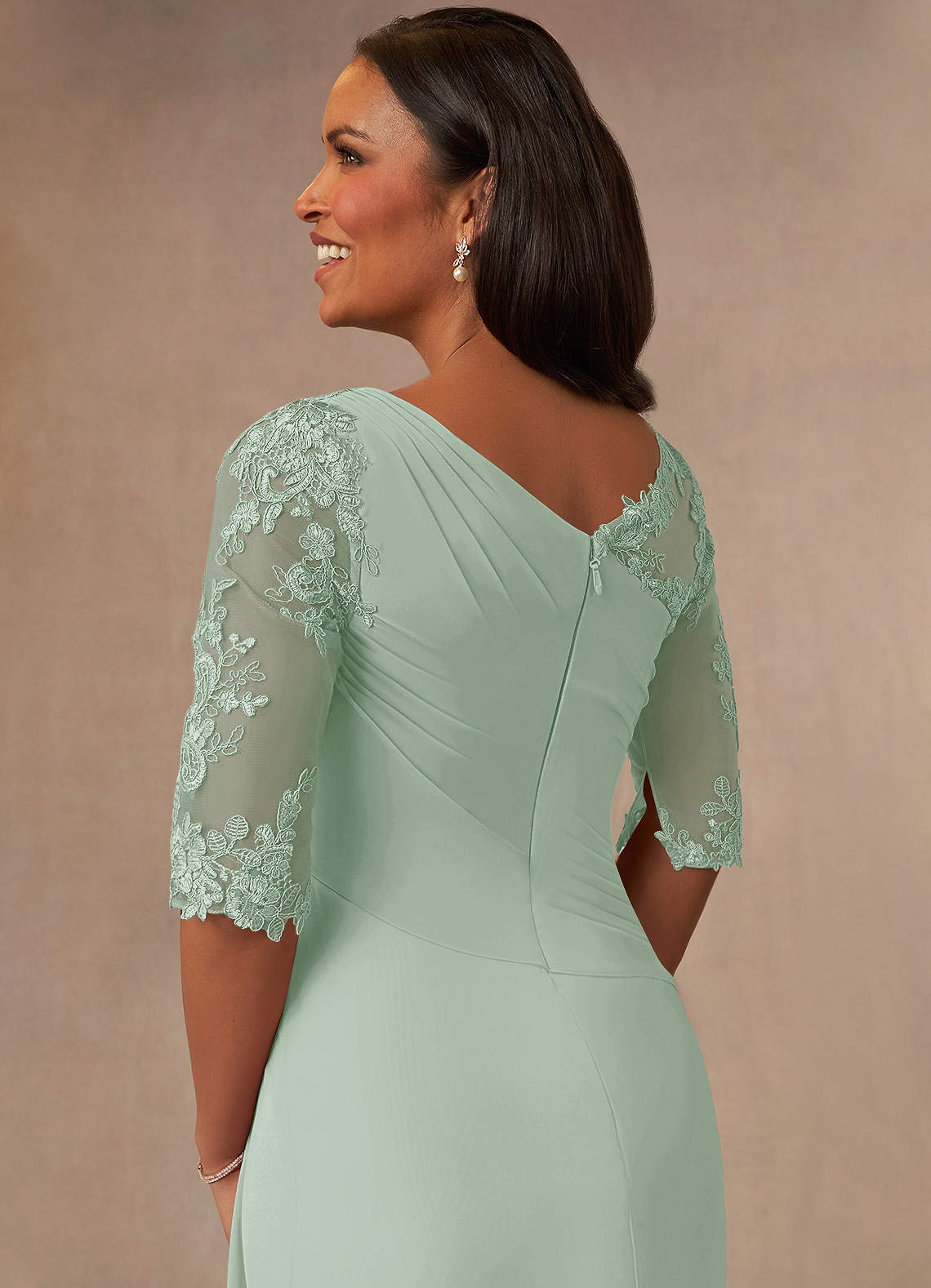Azazie Dionysus Agave A-Line Boatneck Lace Chiffon Dress Ready to
