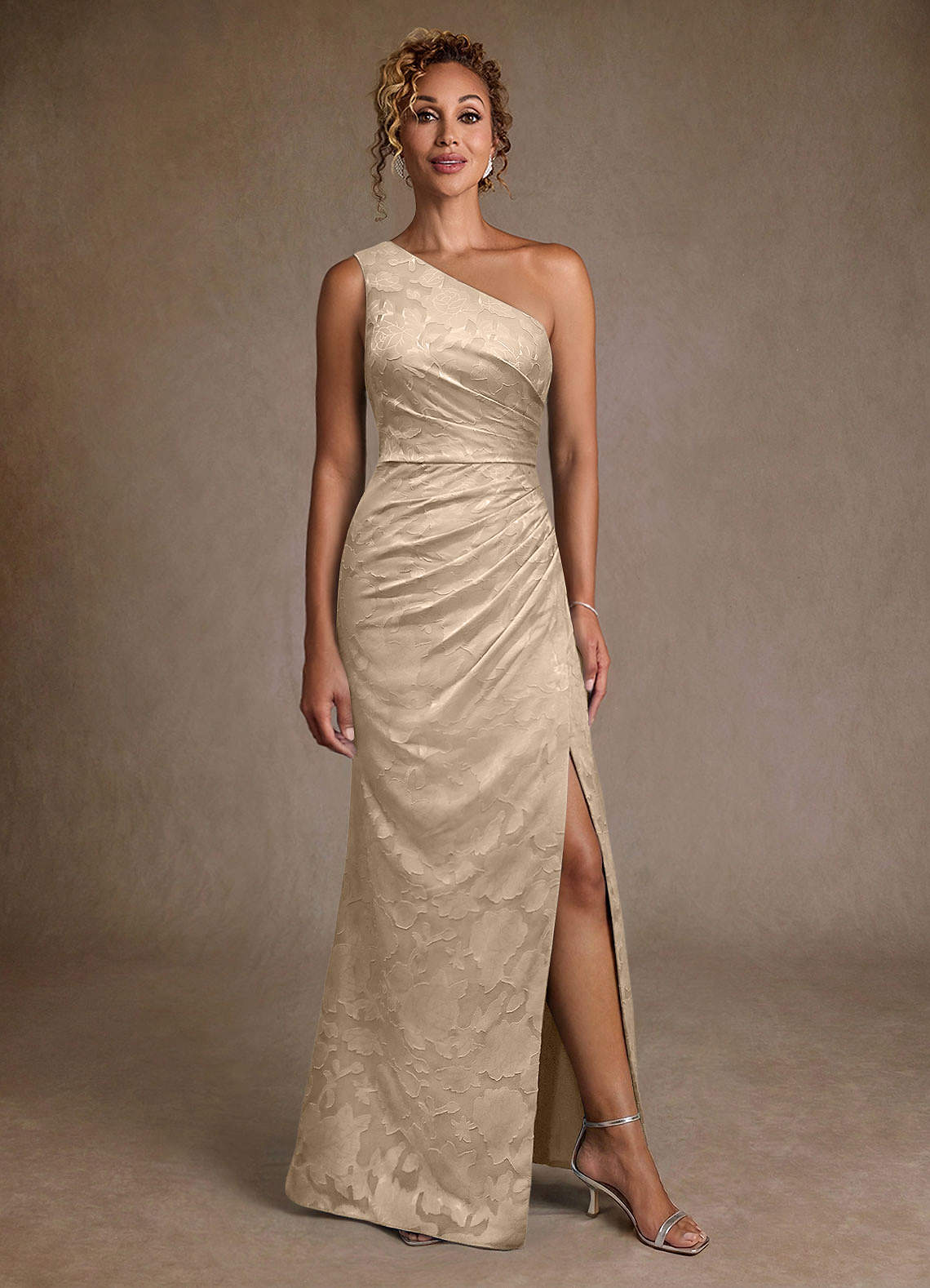 Azazie Joylin Mother of the Bride Dresses Champagne Trumpet One Shoulder Floral Burnout Dress image3
